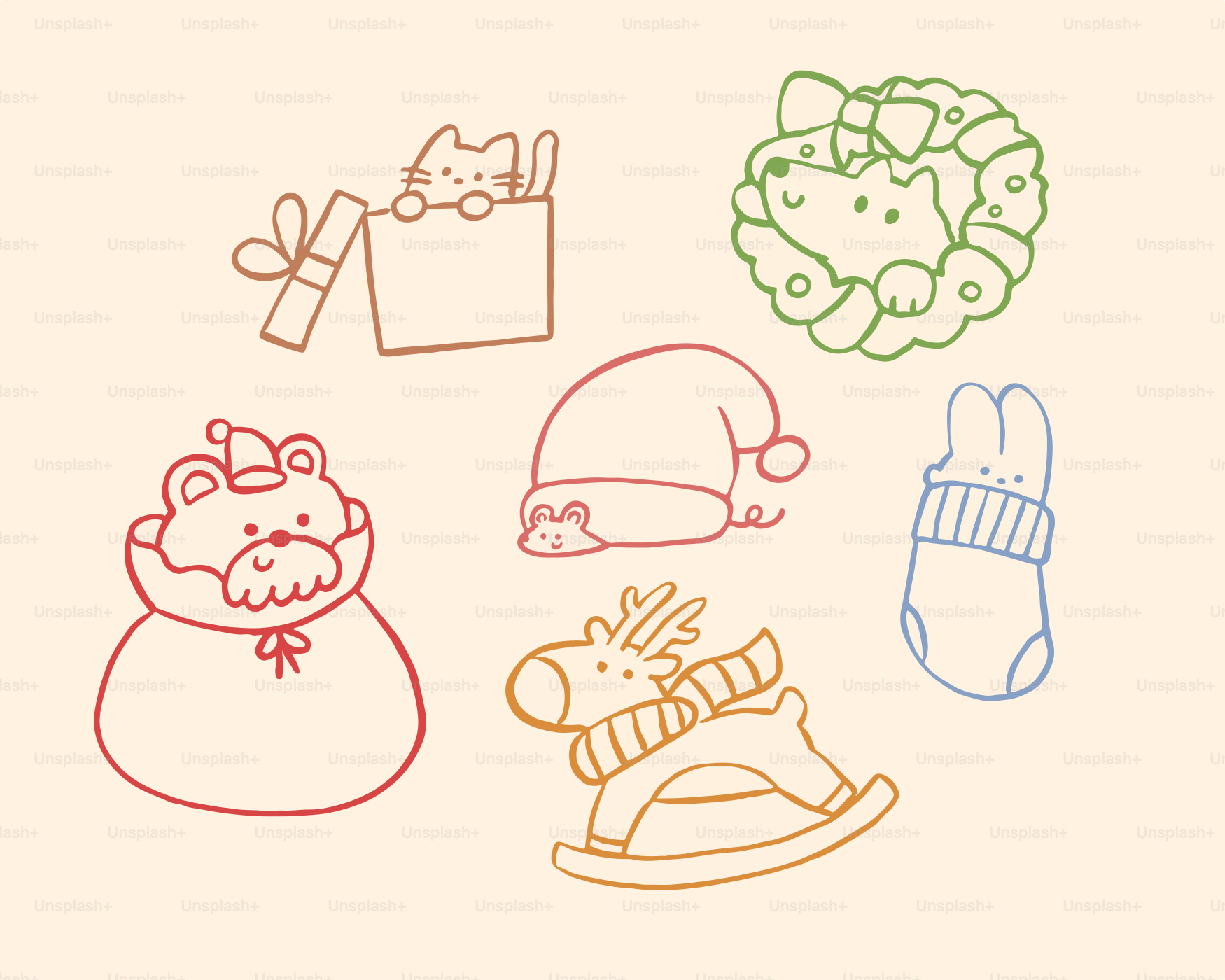 Cute christmas doodles of animals and holiday items.