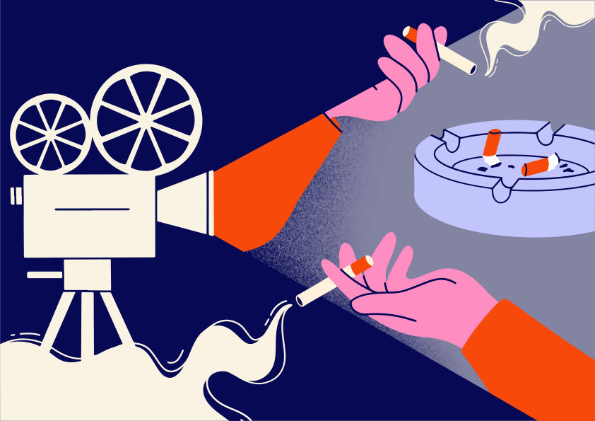 Proiettore cinematografico che illumina le mani che tengono le sigarette vicino al posacenere