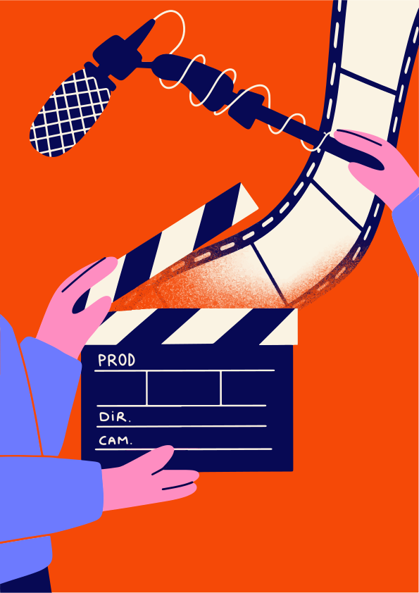 Elemen pembuatan film dengan mikrofon dan clapperboard.