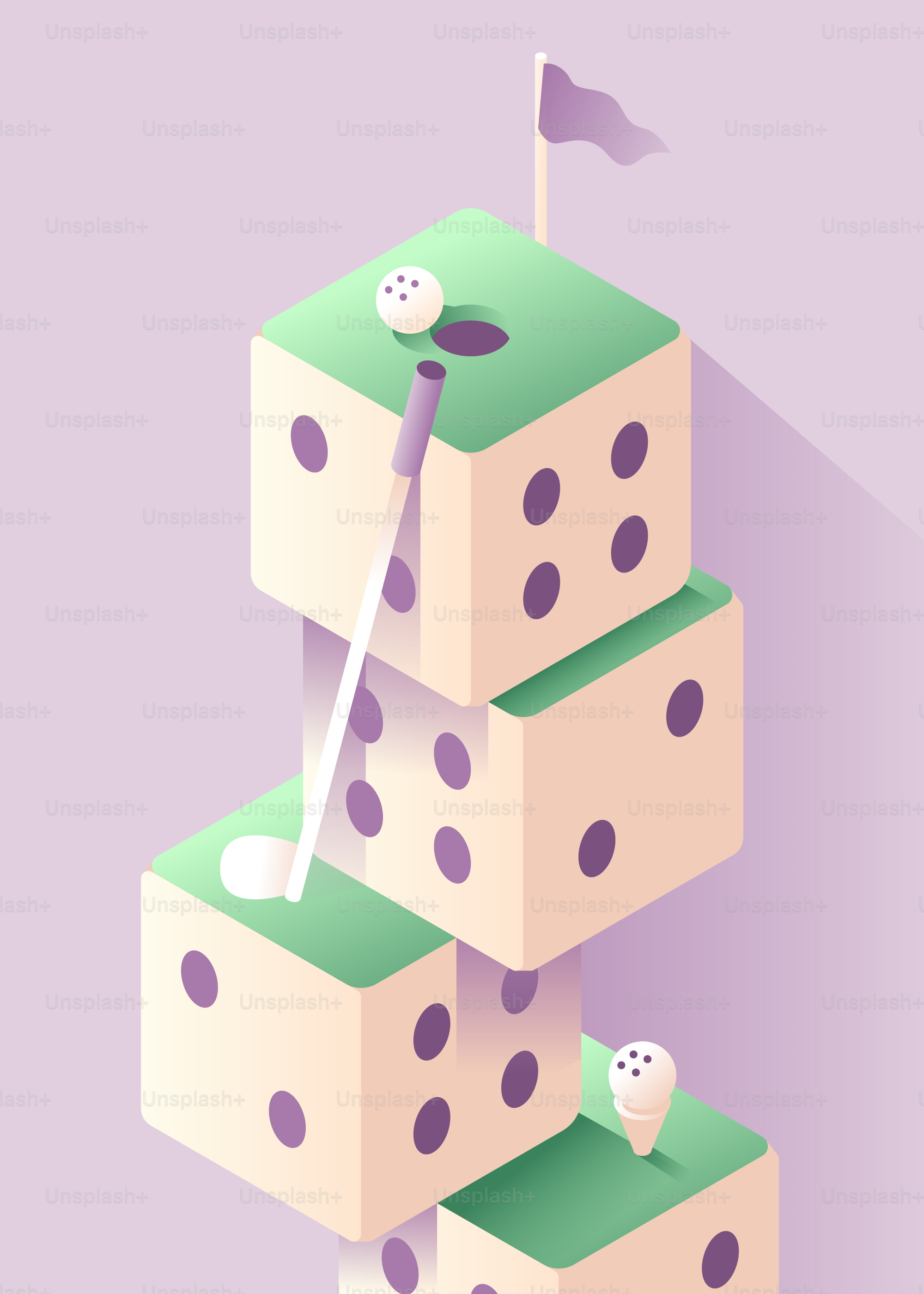 Golf balls and clubs on dice towers