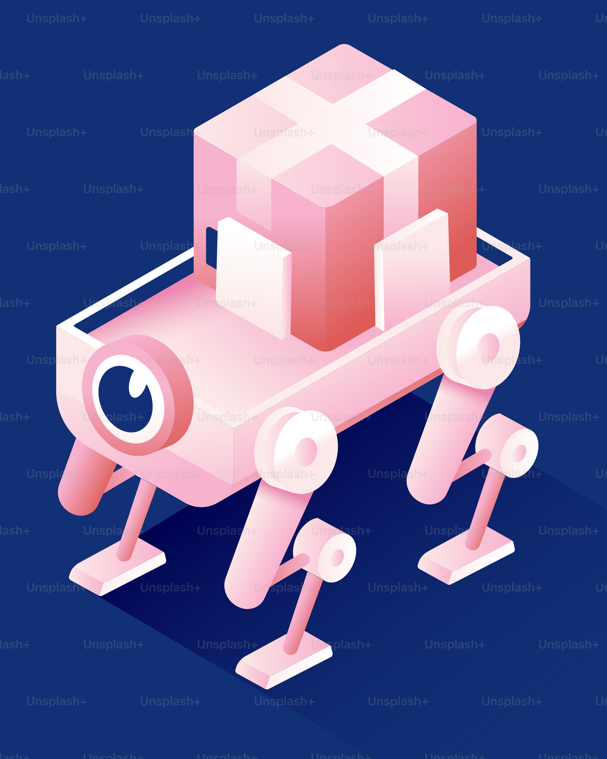 A pink robot with a box on its back.