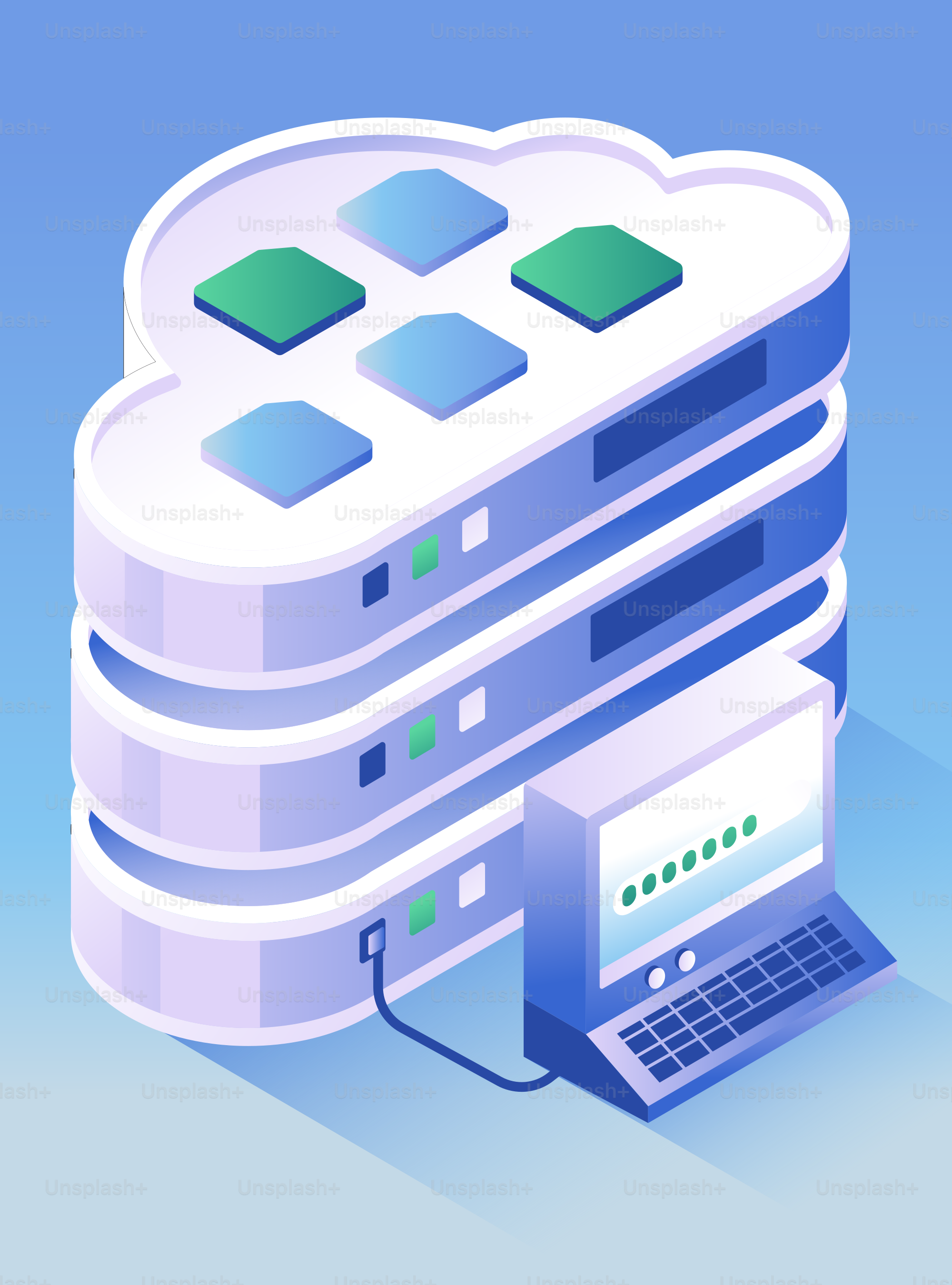 Cloud servers connected to a computer