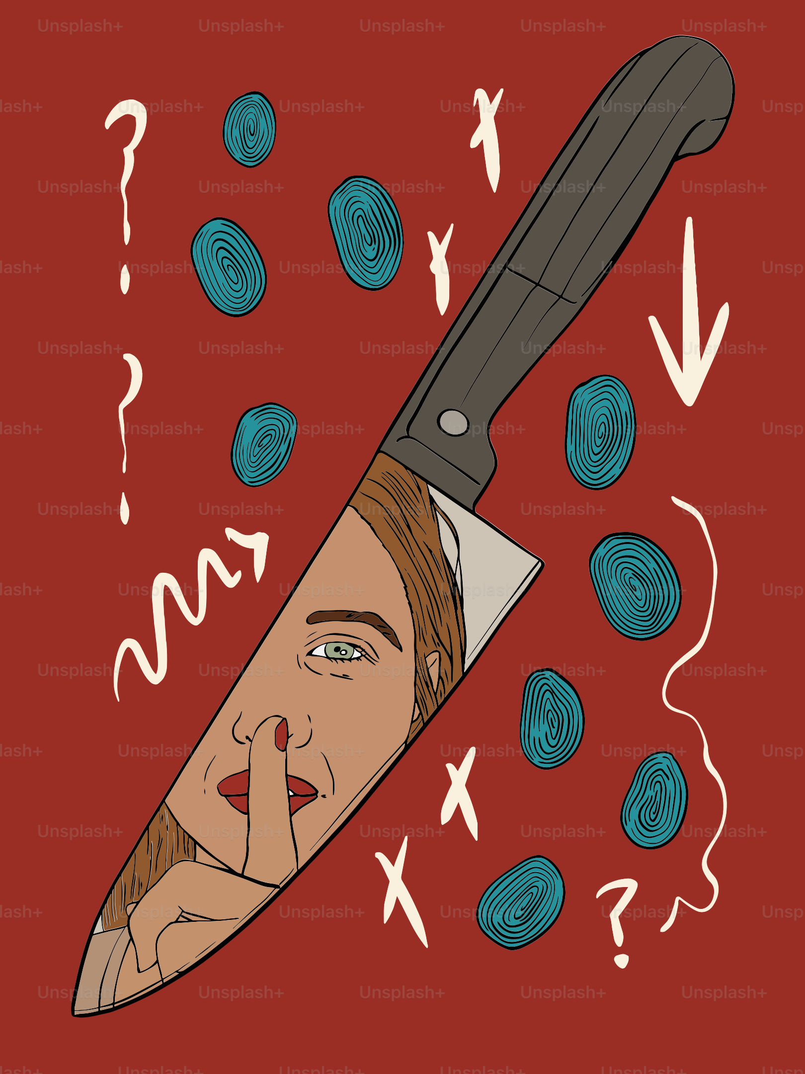 Woman's face reflected in knife with fingerprint details.