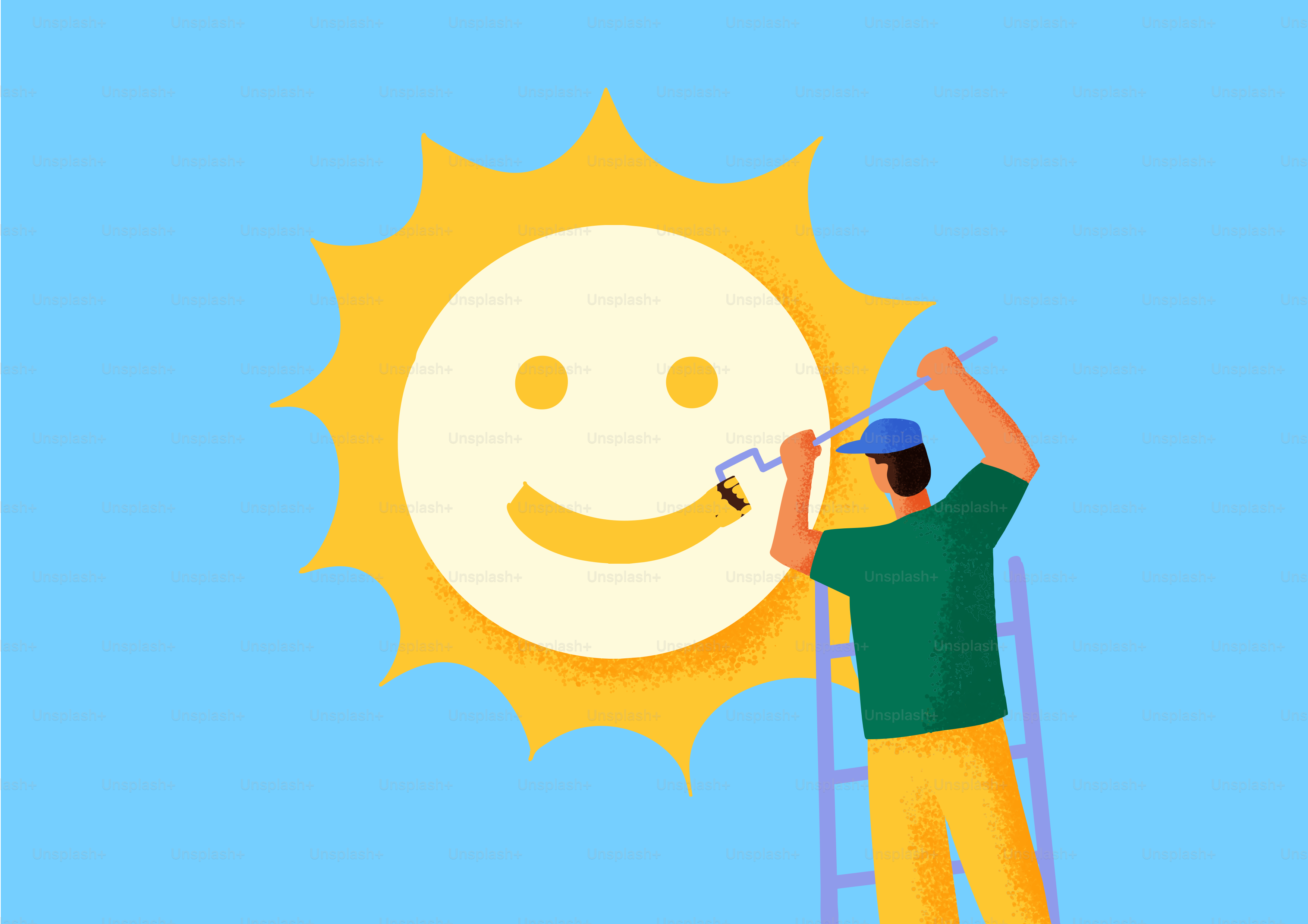 L’homme peint un visage souriant sur un soleil.