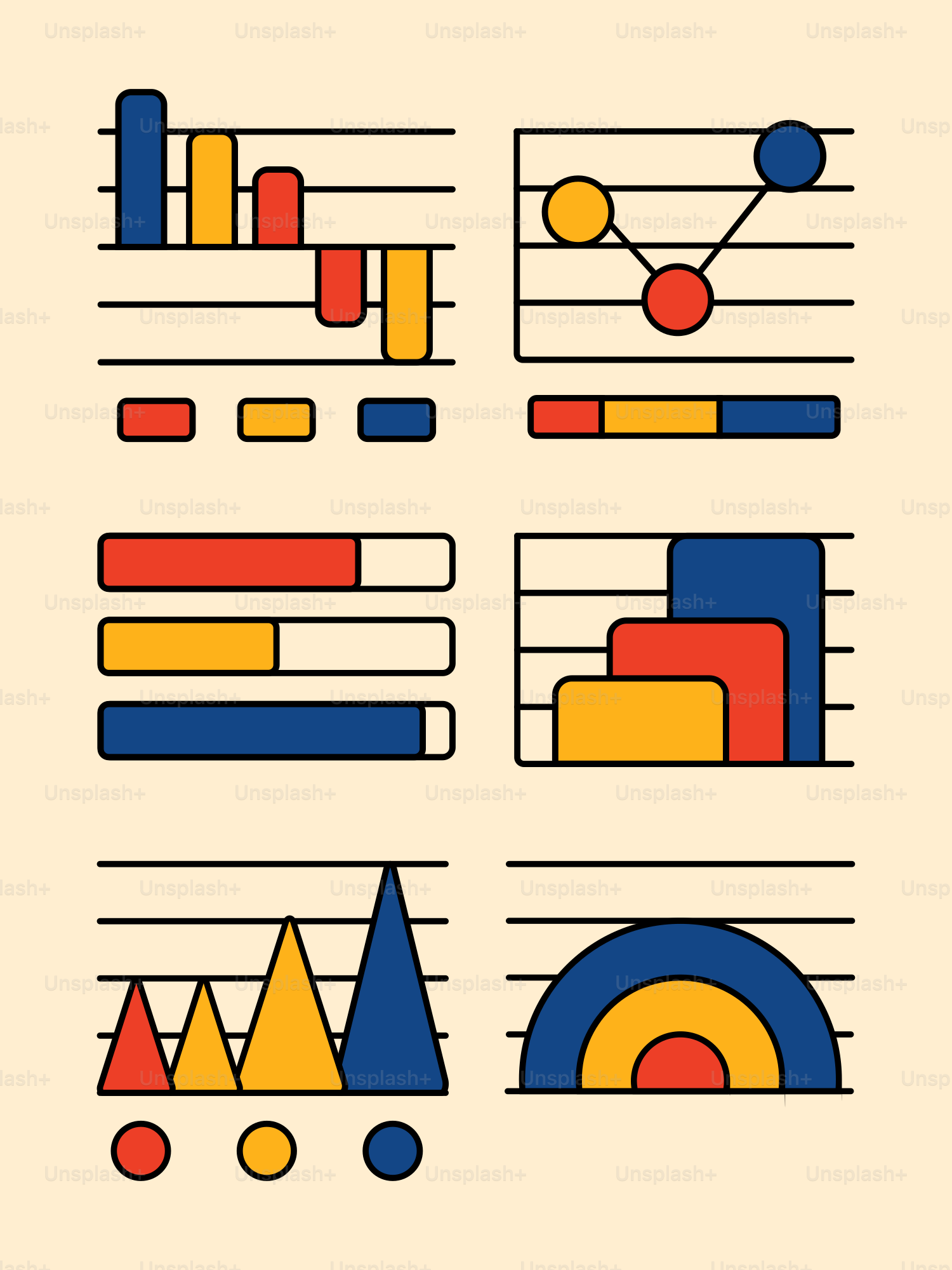Collection of colorful geometric charts and graphs.