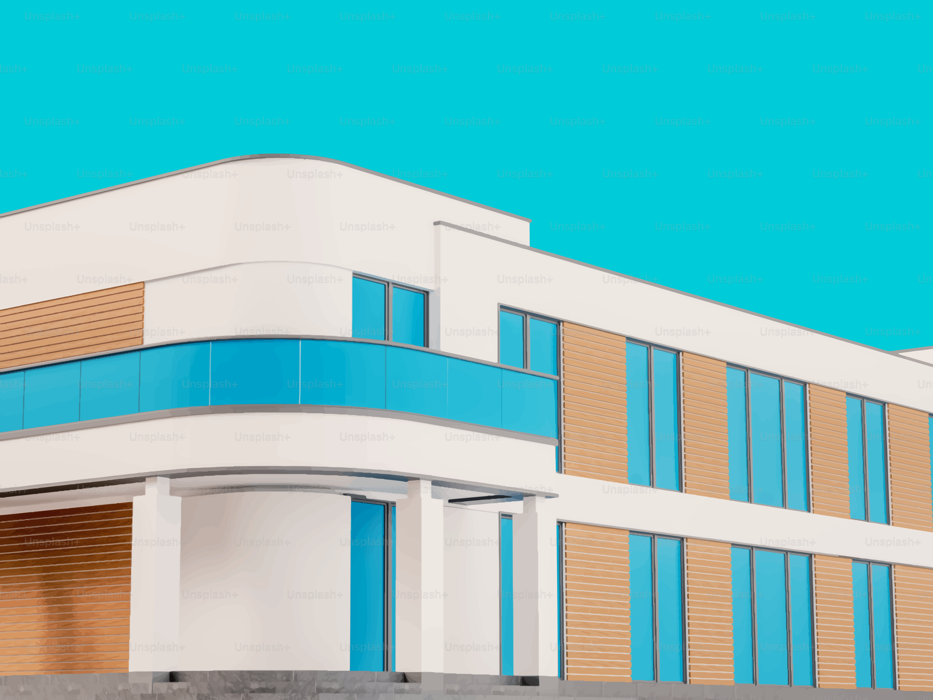 Modern building with blue windows and wood accents