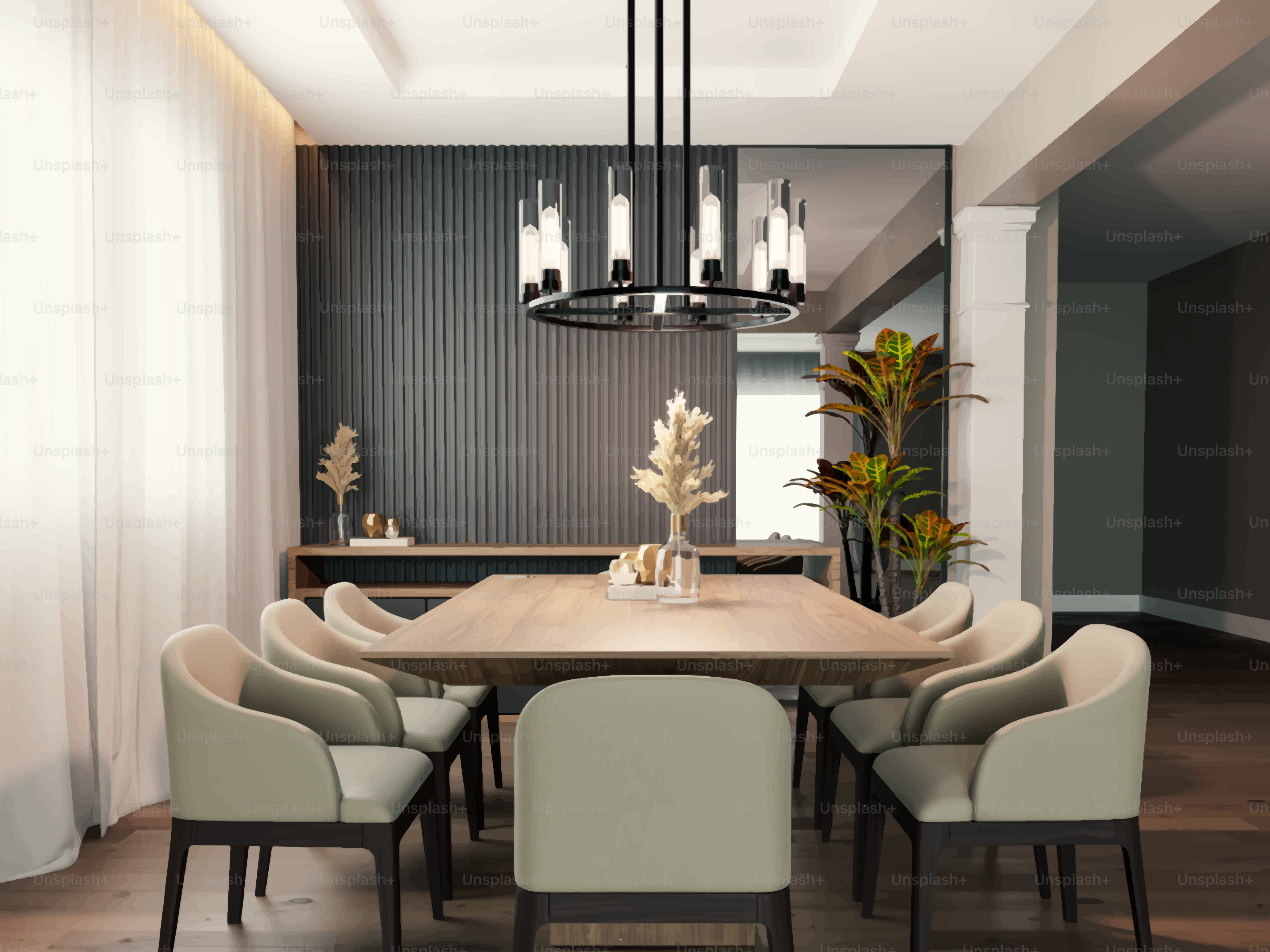Salle à manger moderne avec une grande table en bois et des chaises.