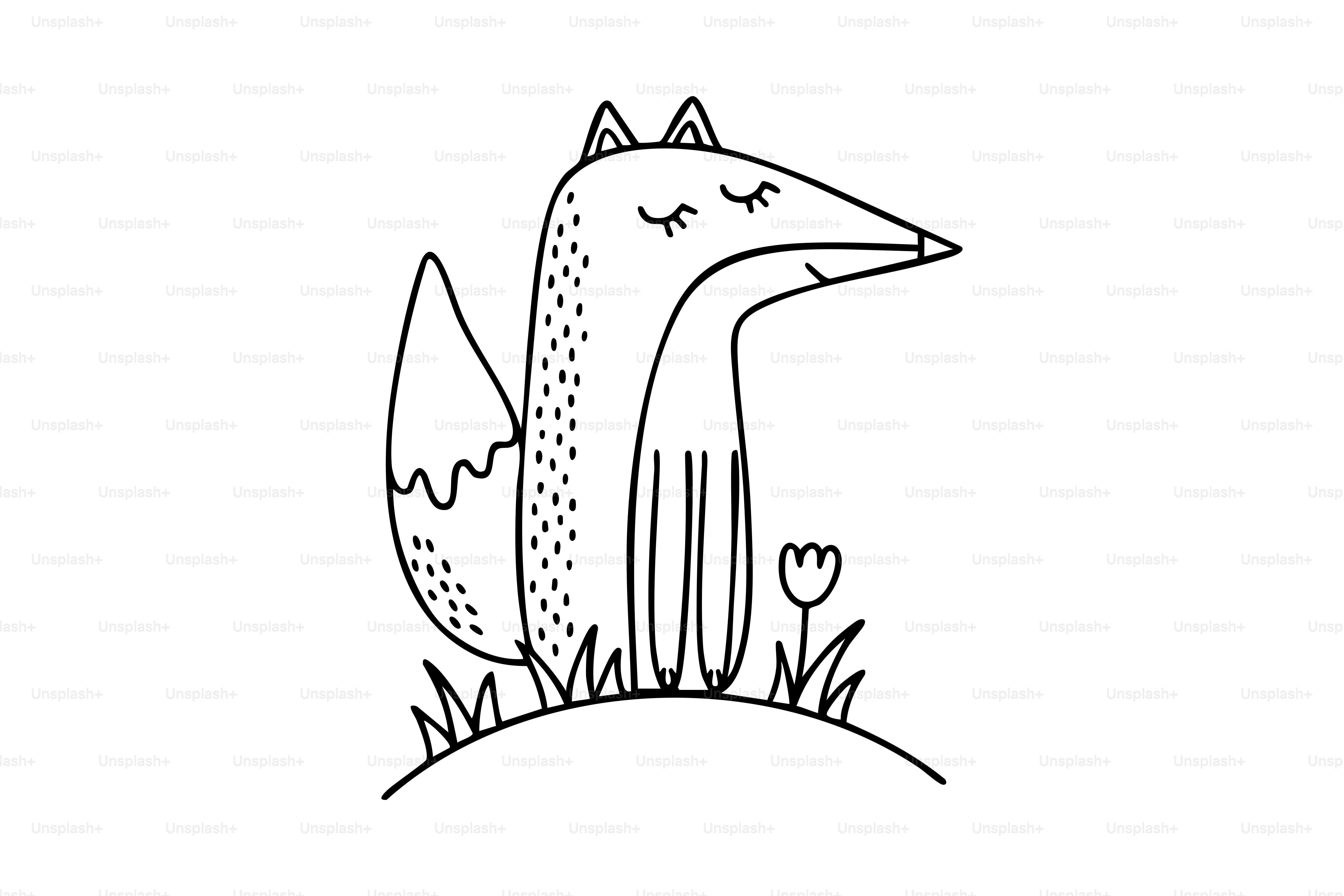 A whimsical fox sits in a field with a flower.