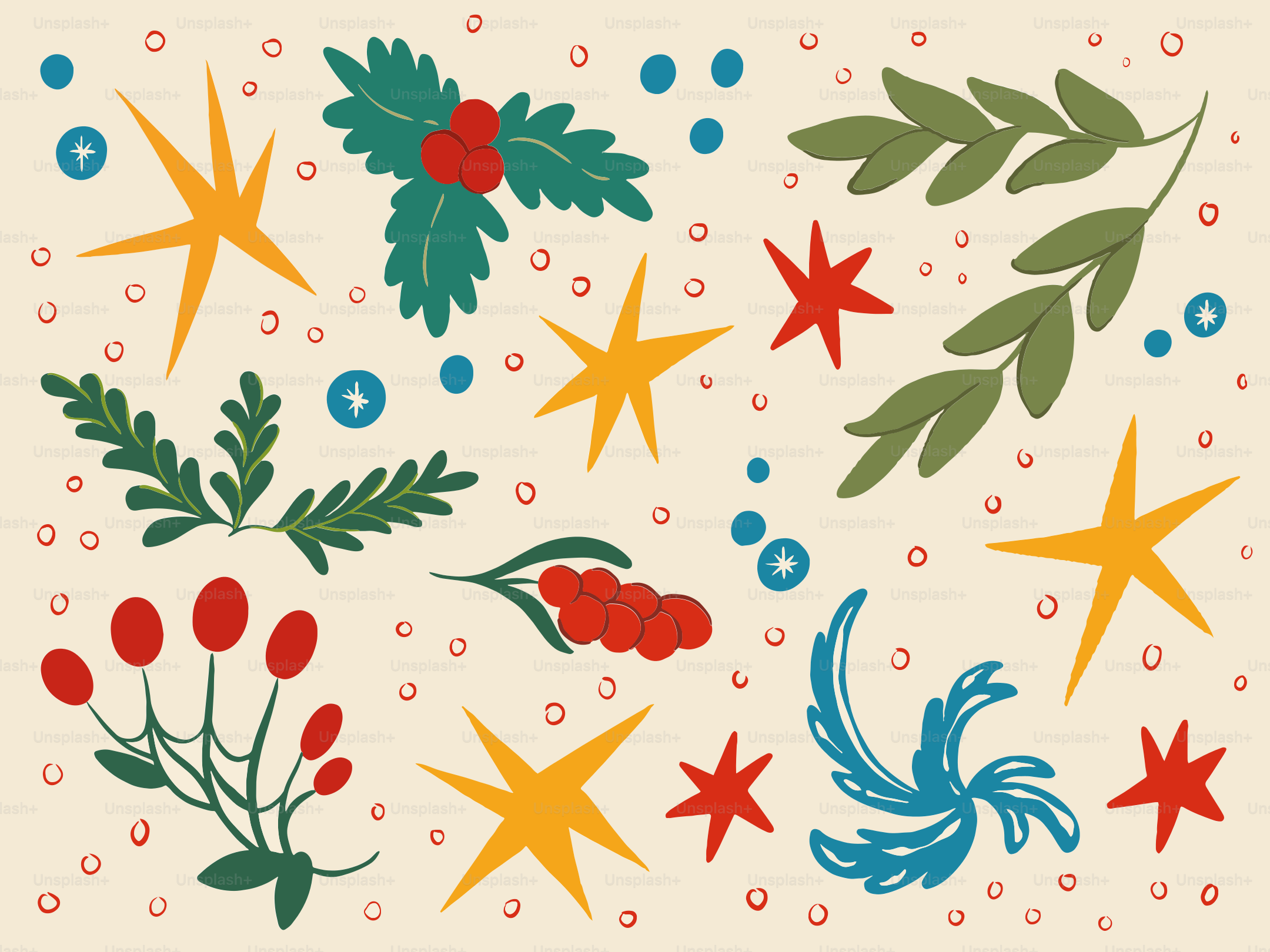 Christmas elements with stars, holly, and berries