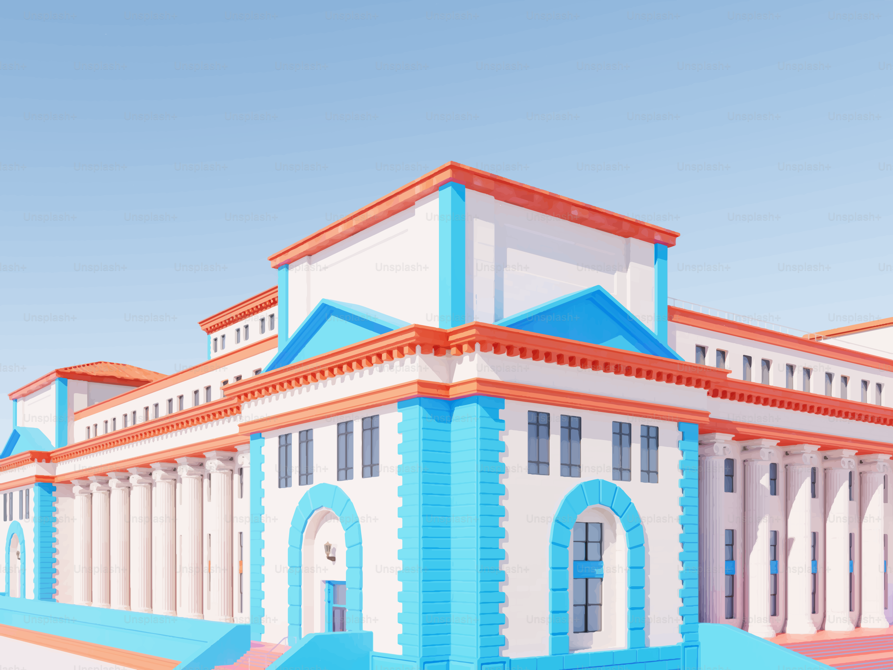 A grand building with classical columns and blue accents.