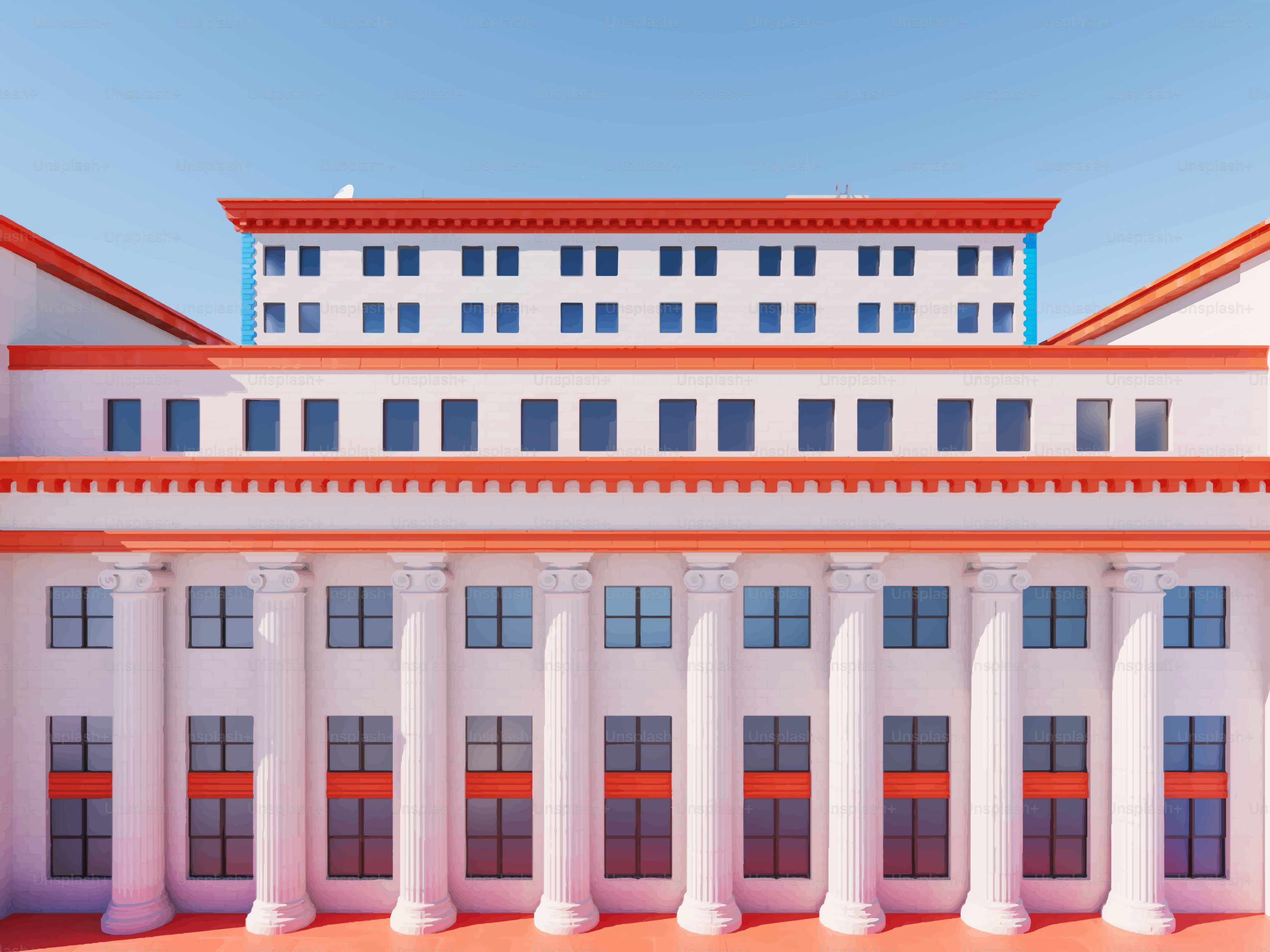 White building with orange trim and columns