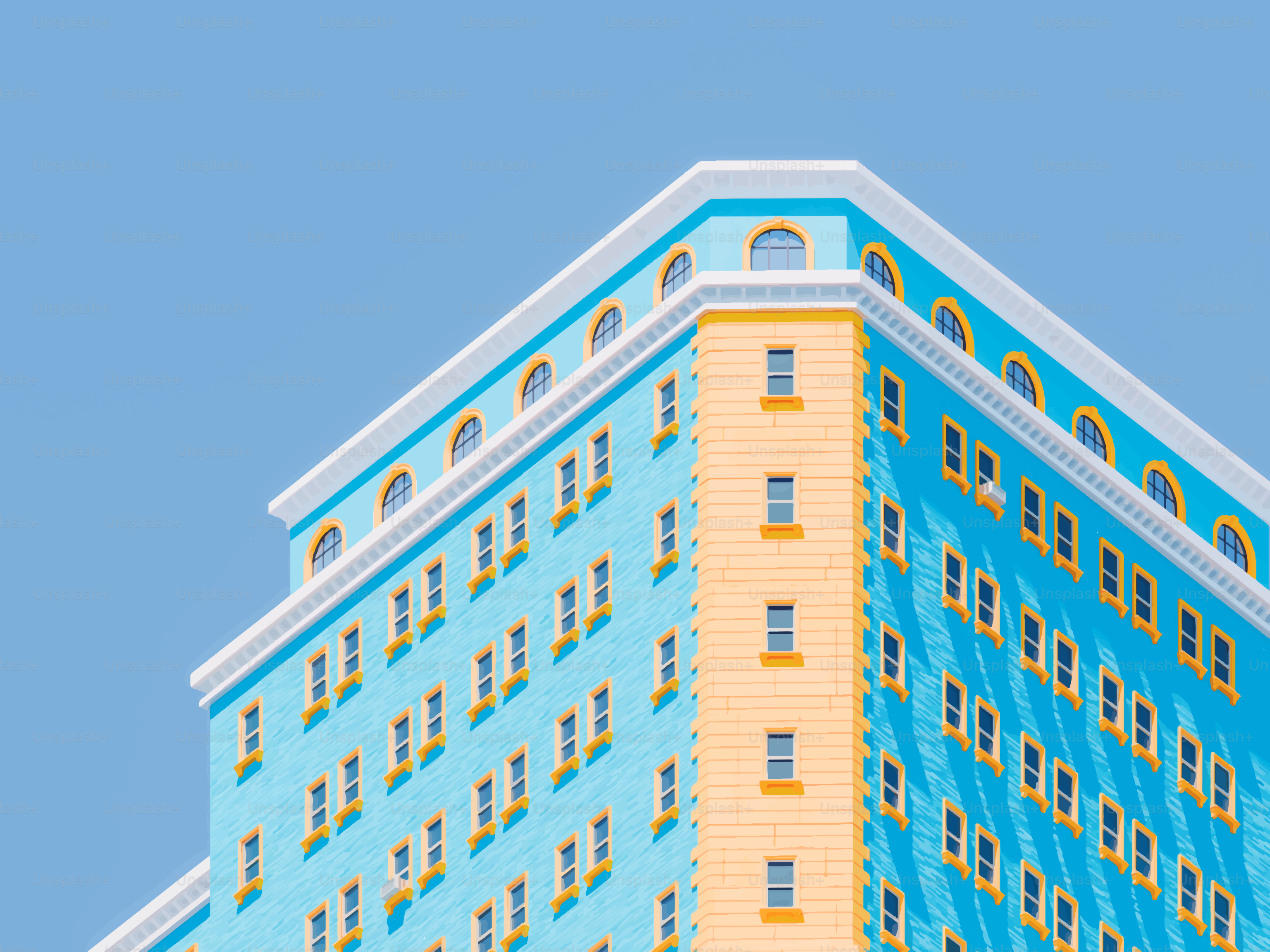 Un edificio azul y amarillo brillante contra un cielo despejado