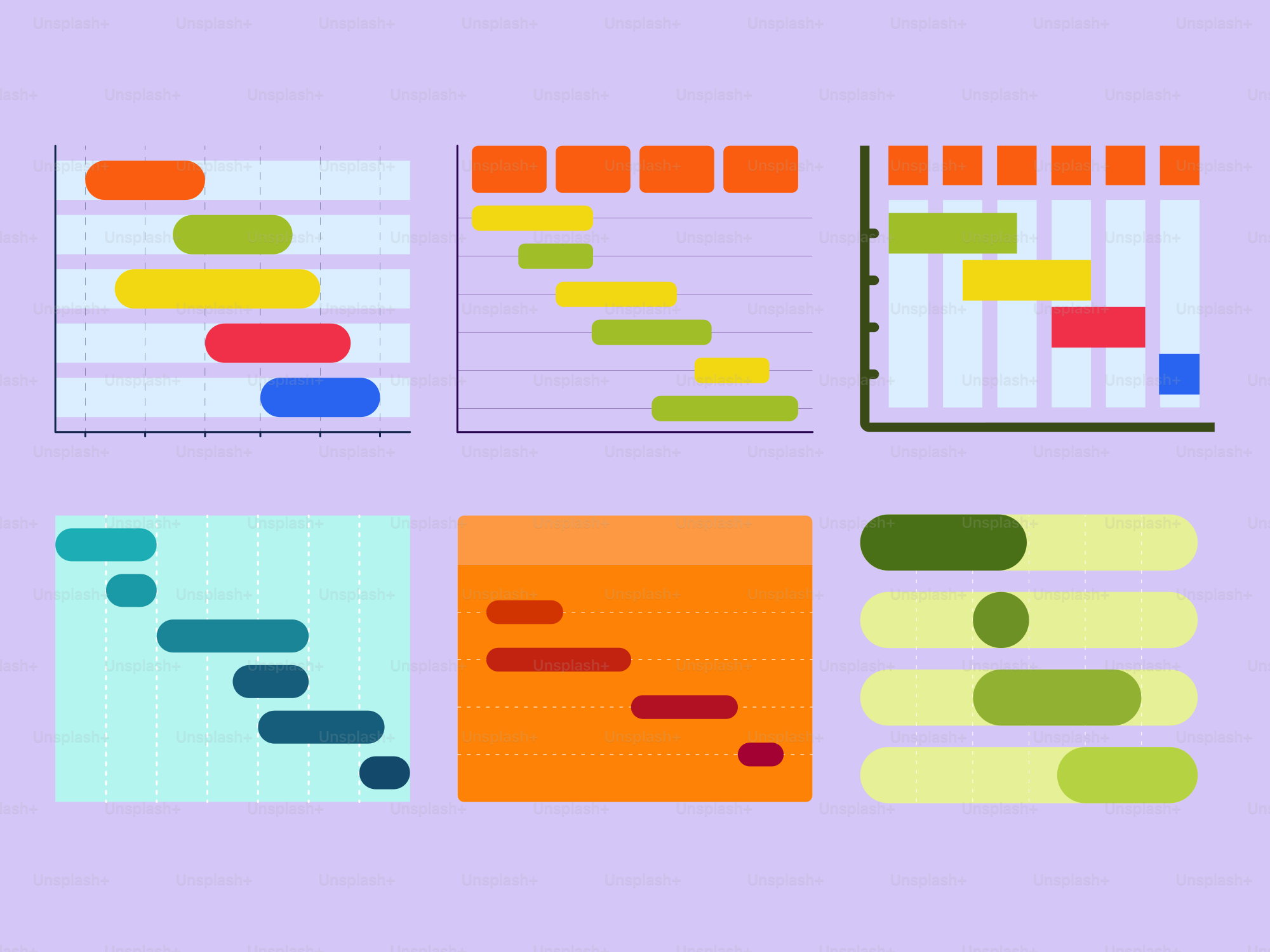 Sei coloriti grafici della timeline del progetto sono mostrati.