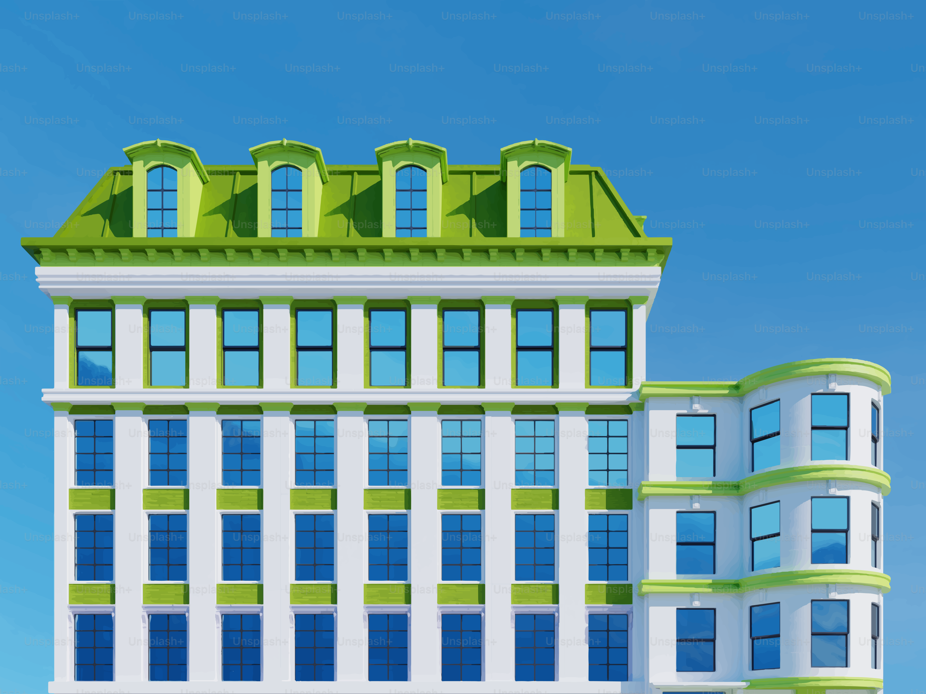 A modern building with green and white accents.