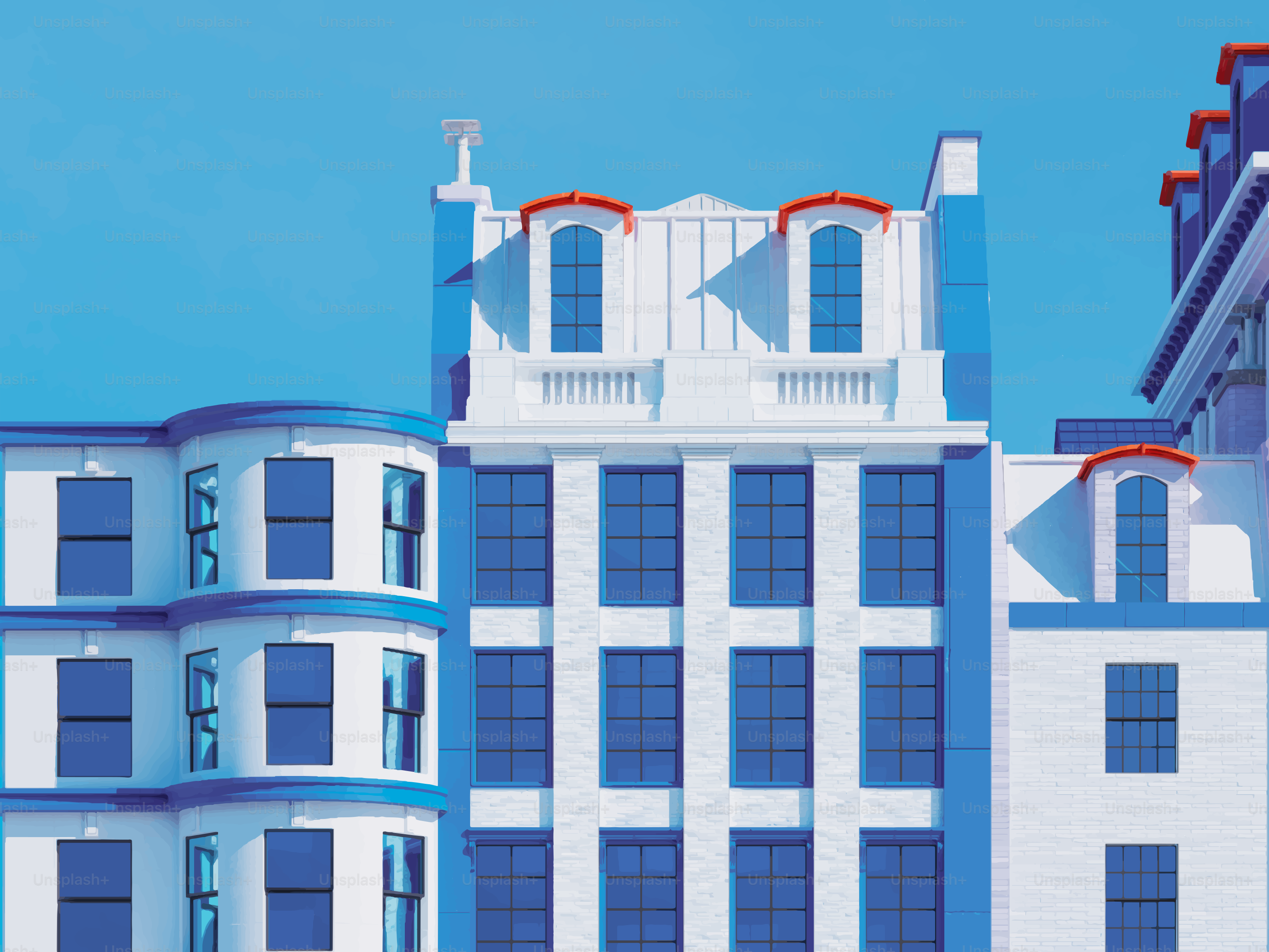 Edifícios brancos e azuis contra um céu azul brilhante