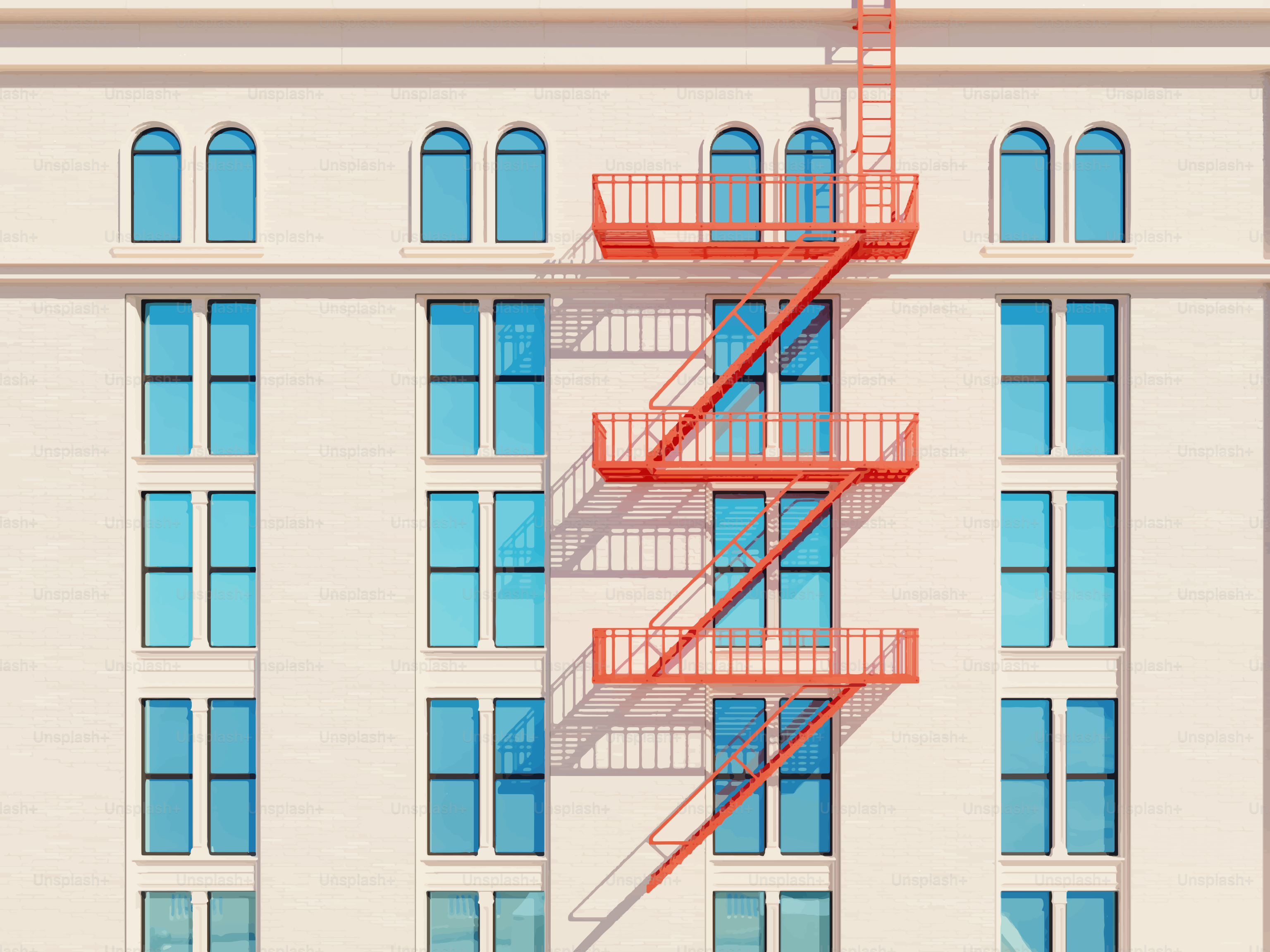 Red fire escape on a building with blue windows