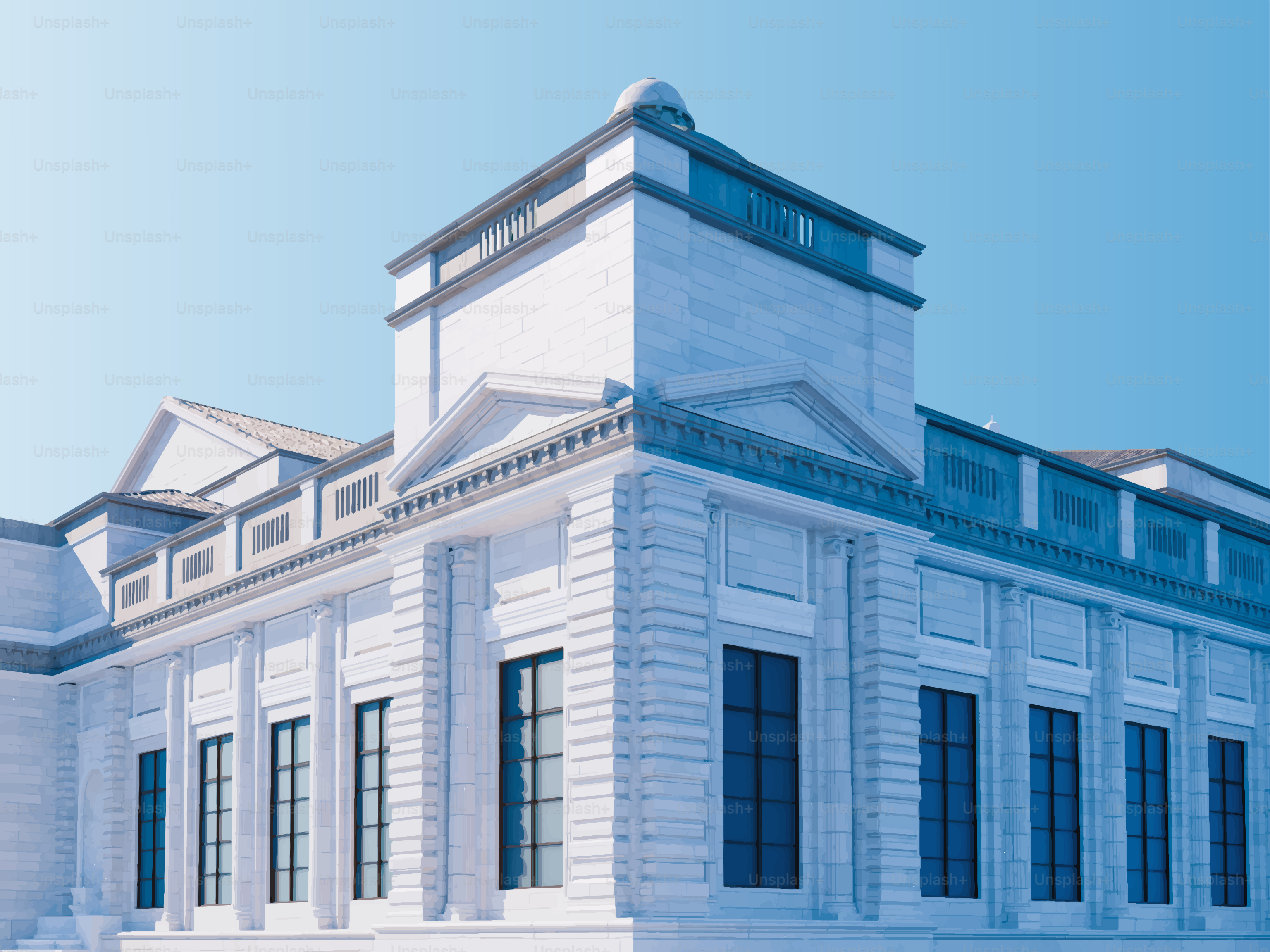 Classical building with large windows against blue sky