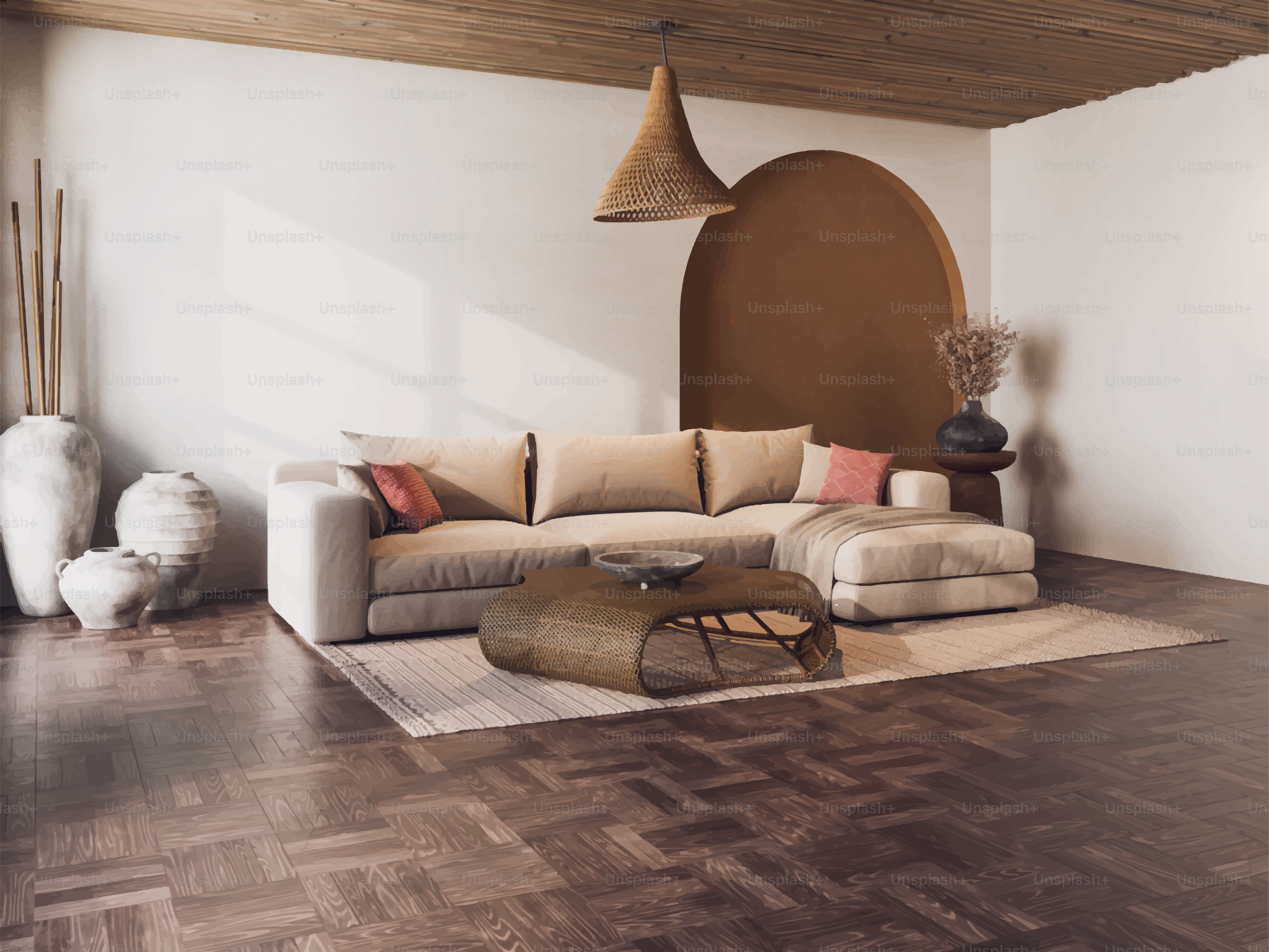 Modern living room with sectional sofa and textured decor.