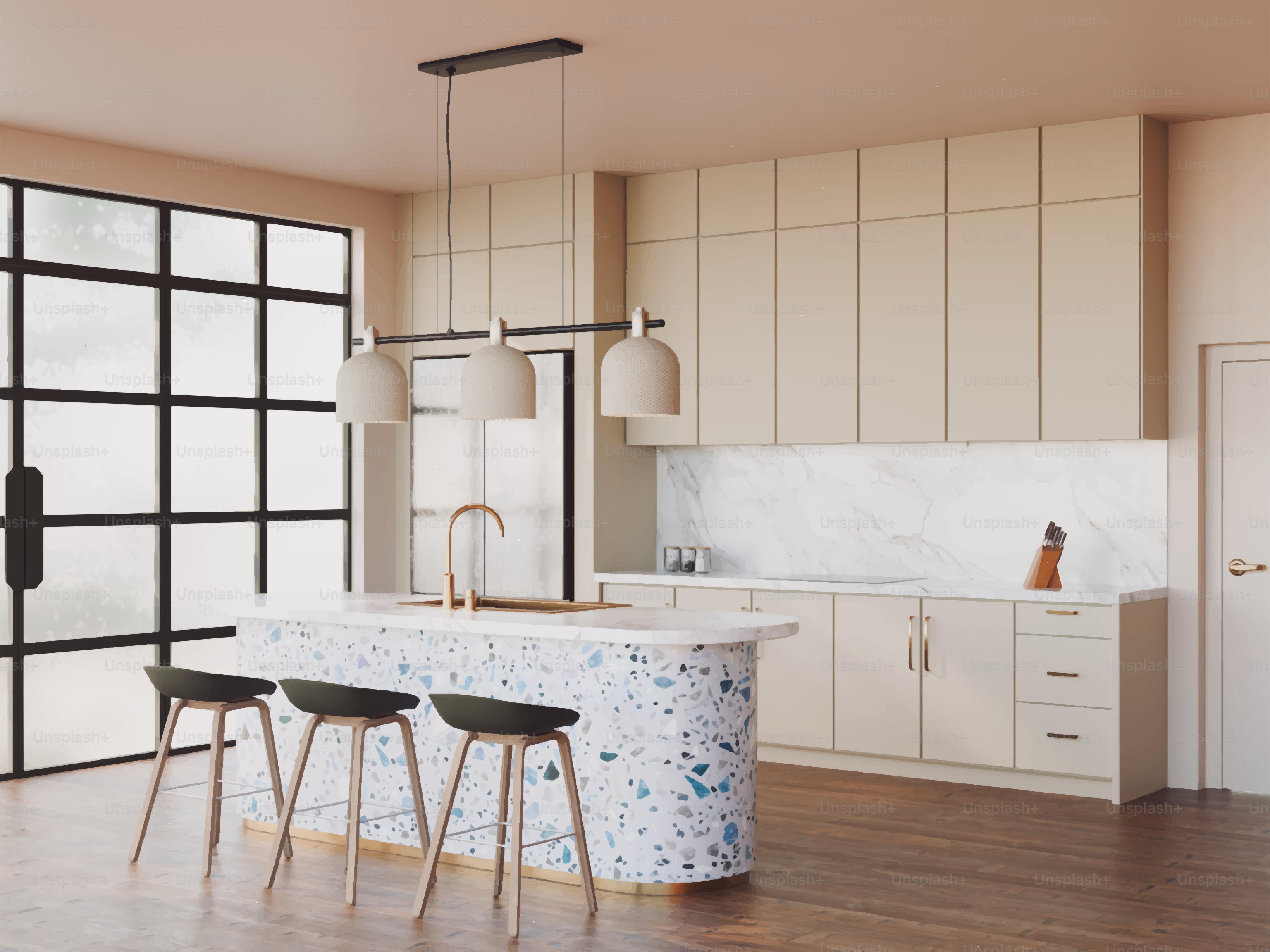 Modern kitchen island with bar stools and cabinets.
