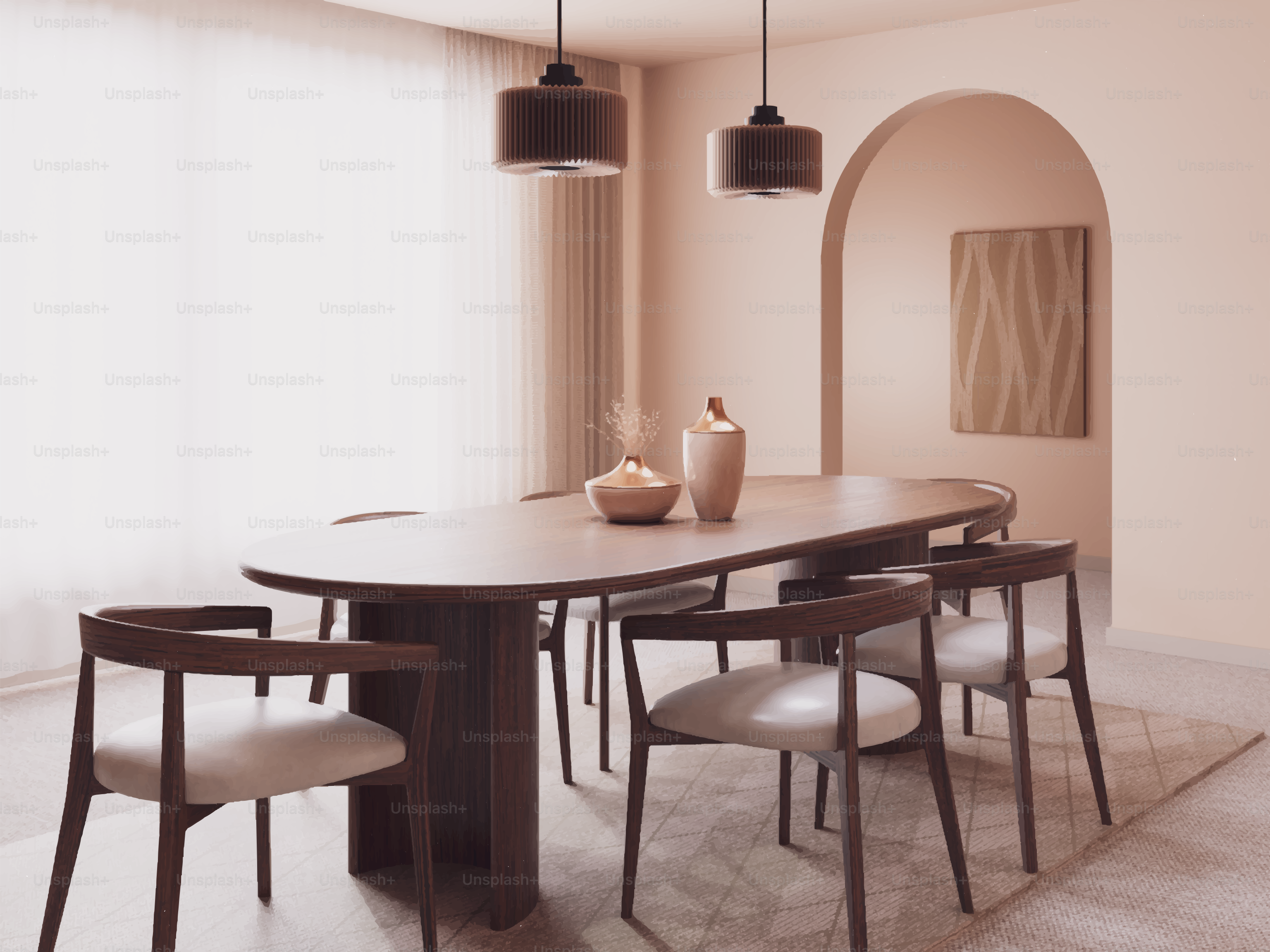 楕円形のテーブルと椅子を備えたモダンなダイニングルーム