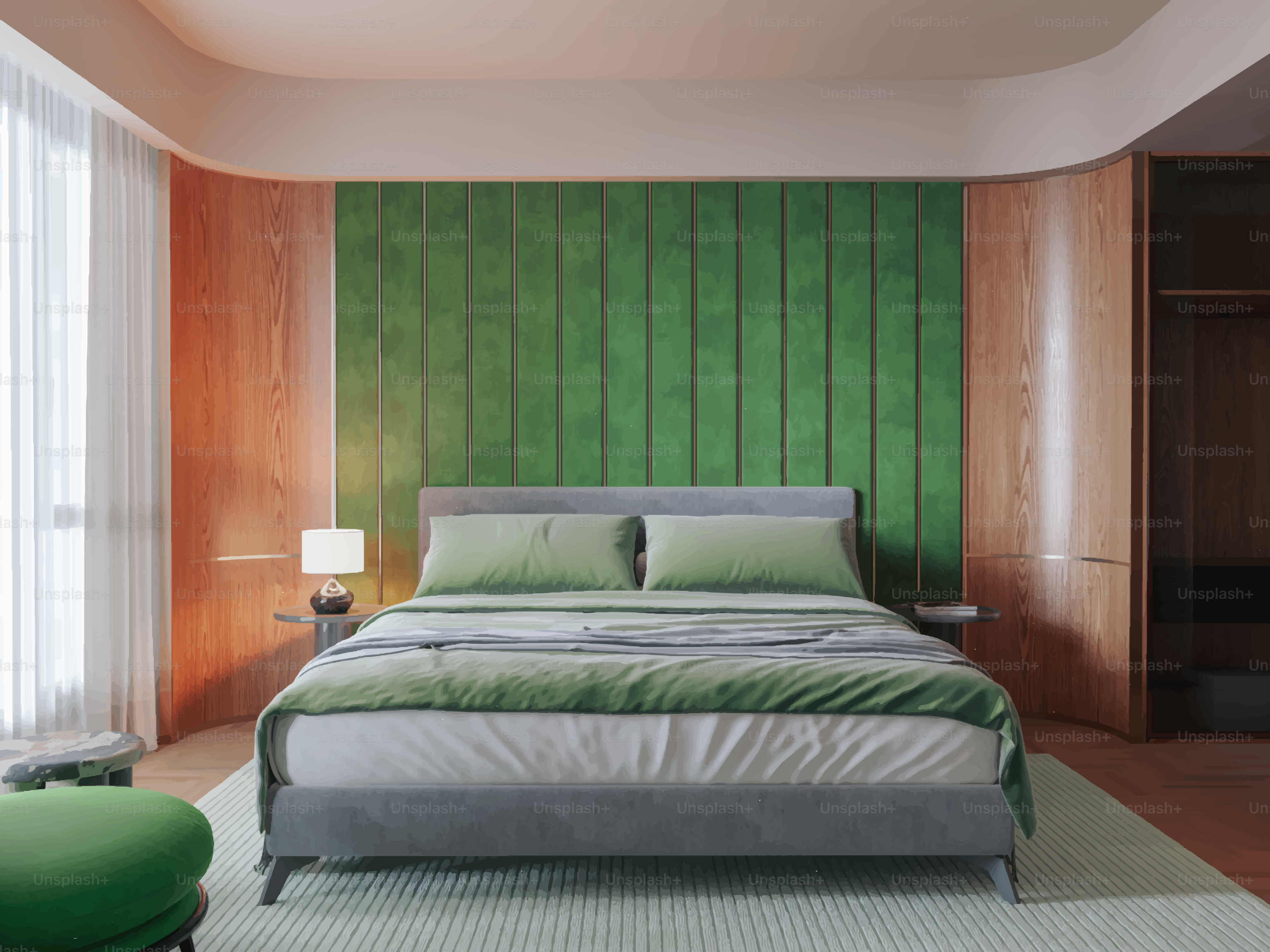 Dormitorio moderno con cabecero de terciopelo verde y detalles de madera