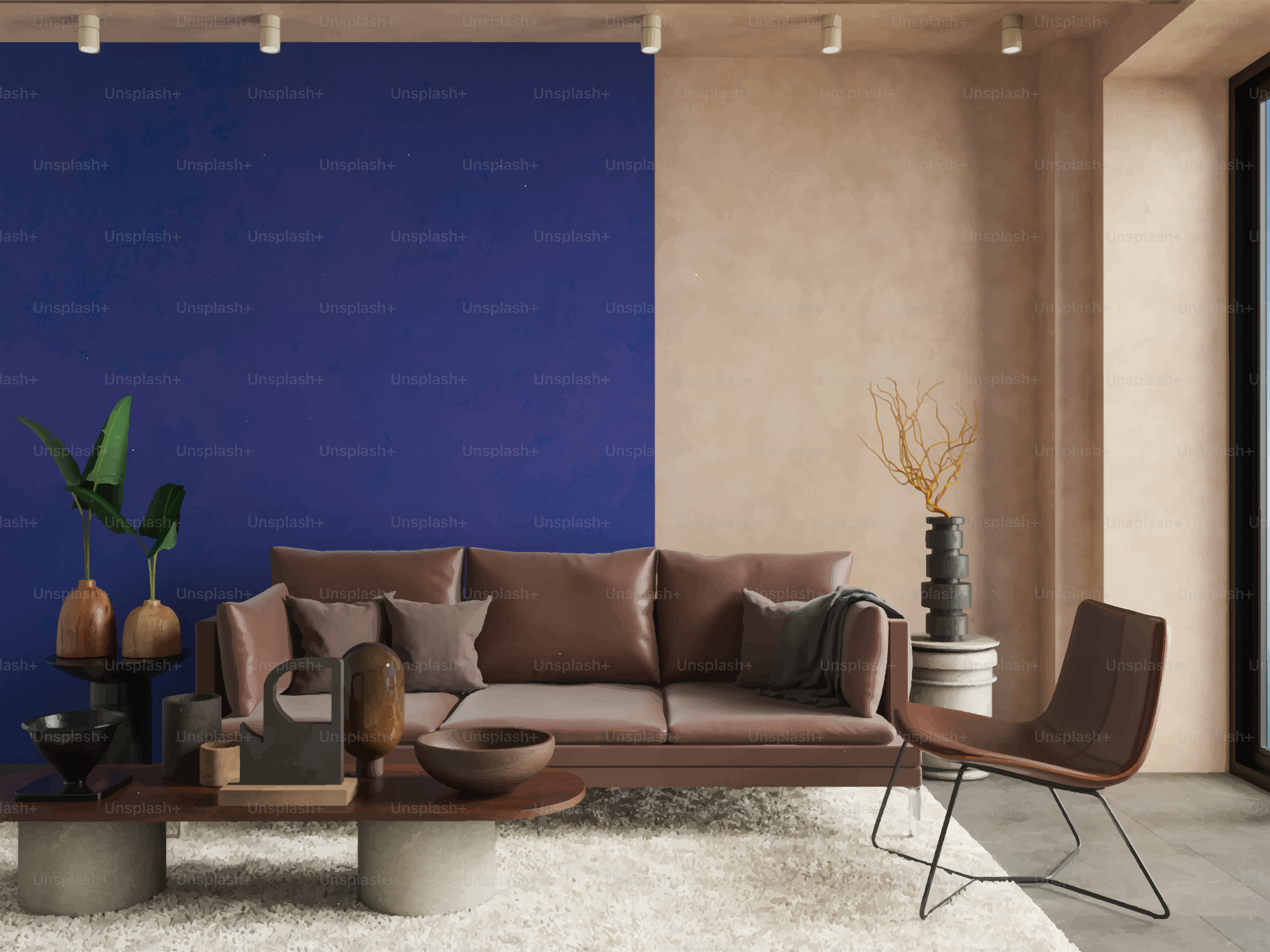 Salón moderno con sofá marrón y pared azul
