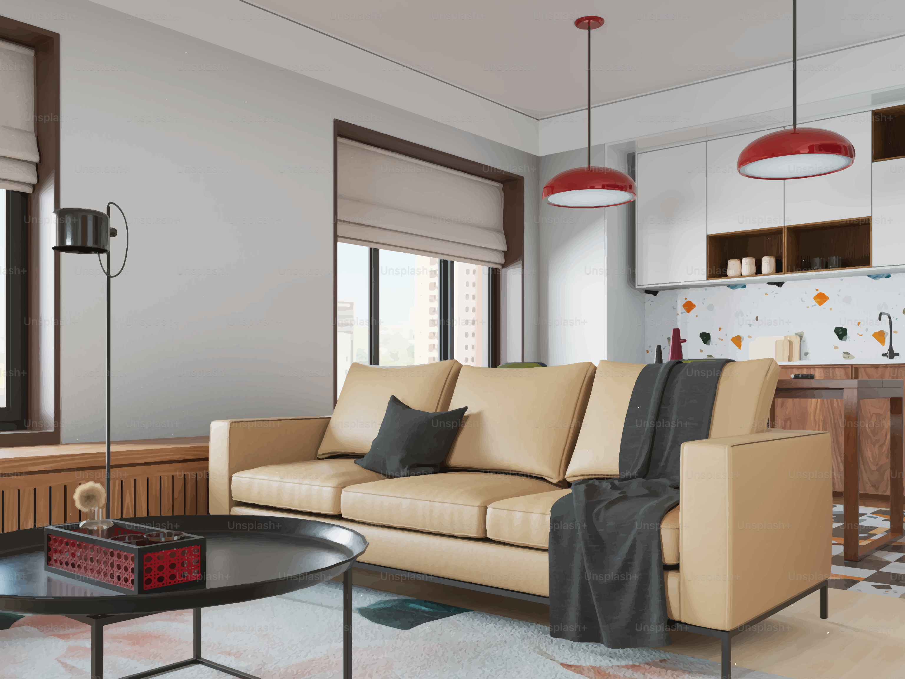 Modernes Wohnzimmer mit beigefarbenem Sofa und Küchenbereich.