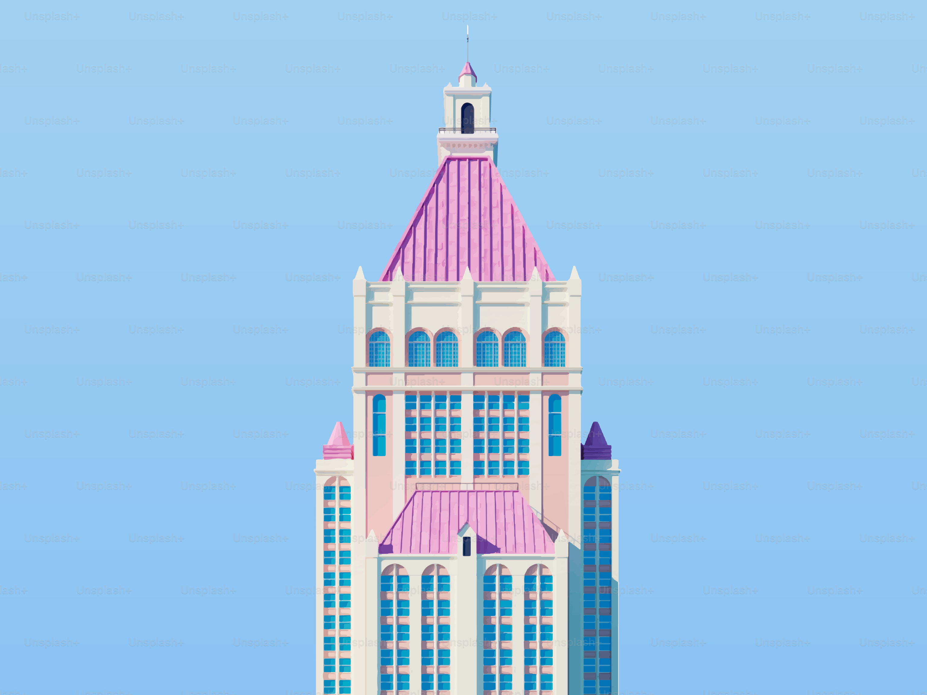 A tall building with a pink roof against blue sky.