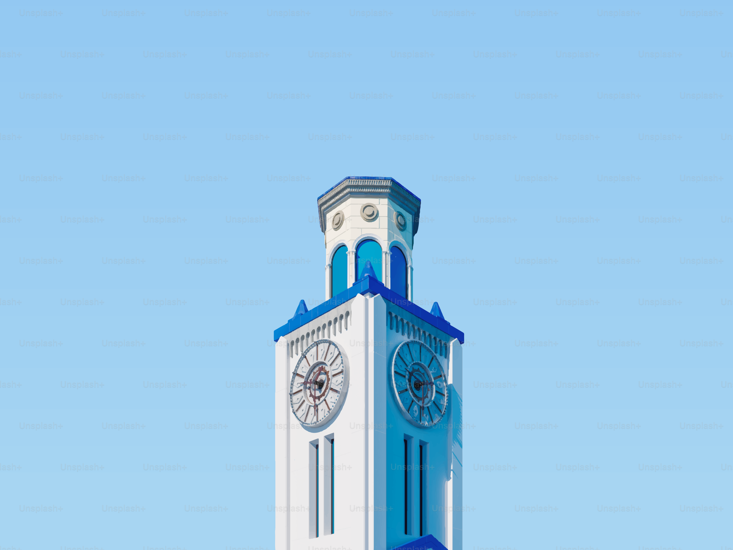 White clock tower with blue accents against sky