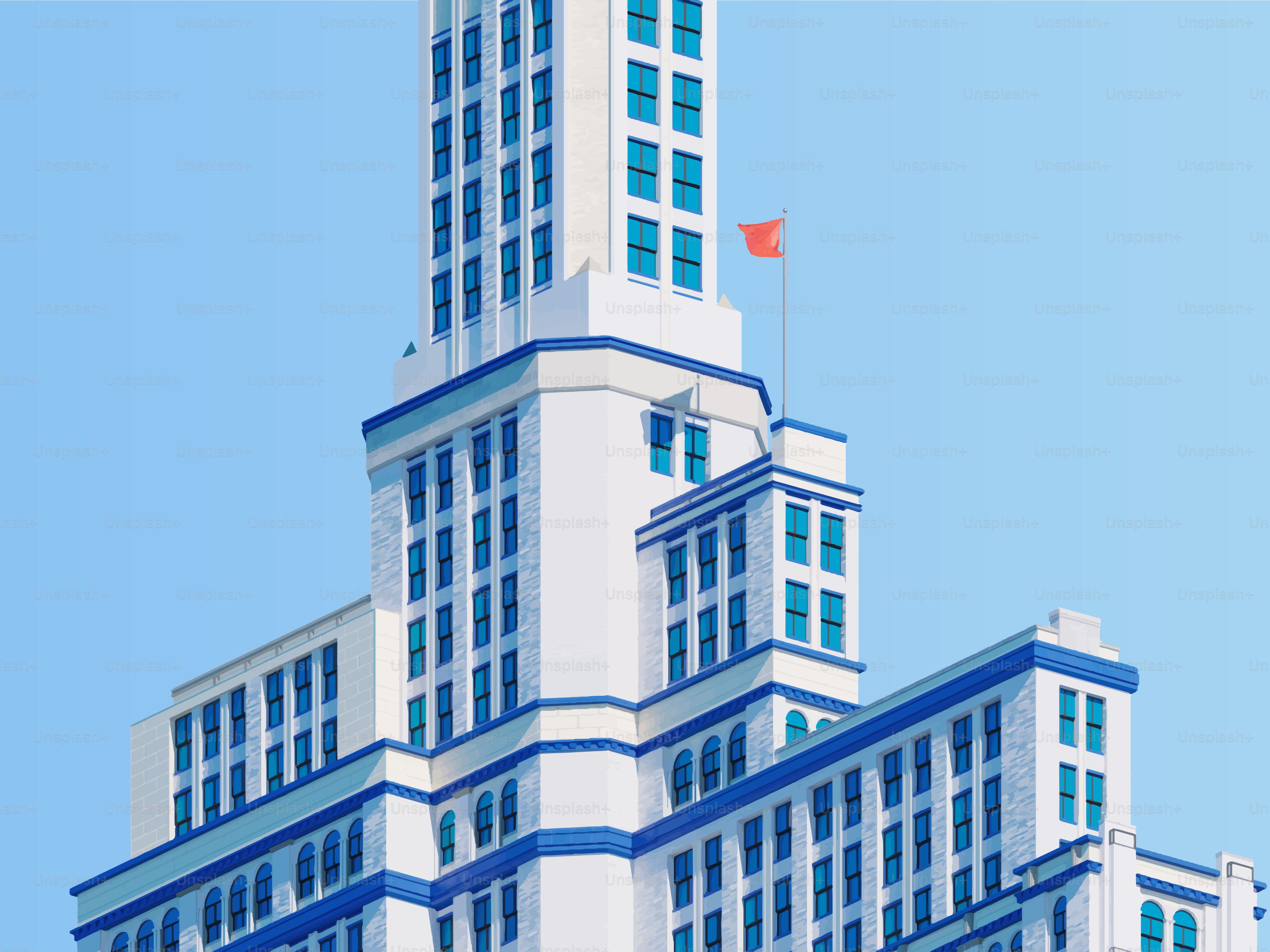 Modern white skyscraper with blue accents under clear sky