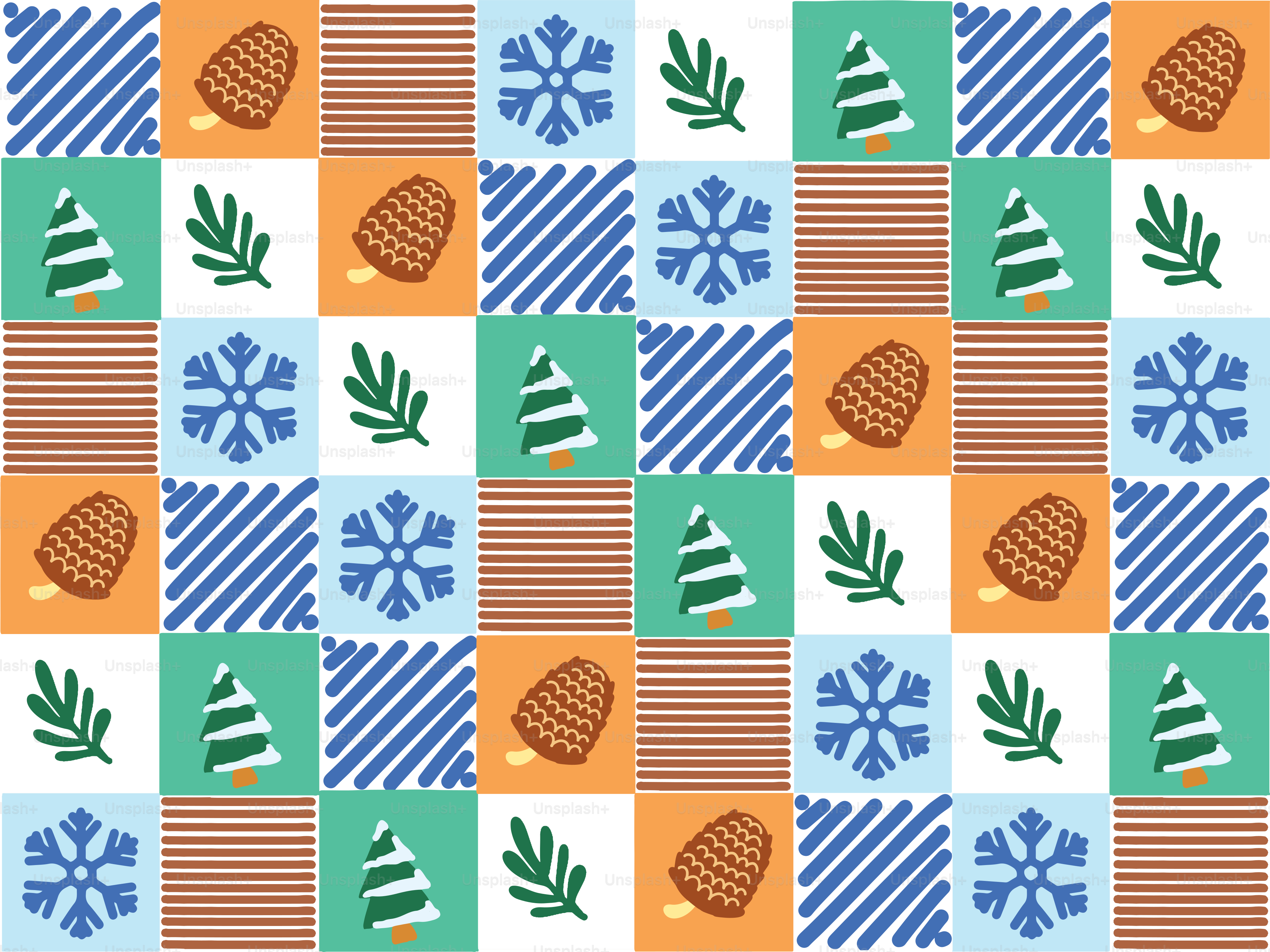 Christmas pattern with trees, snowflakes, and pinecones