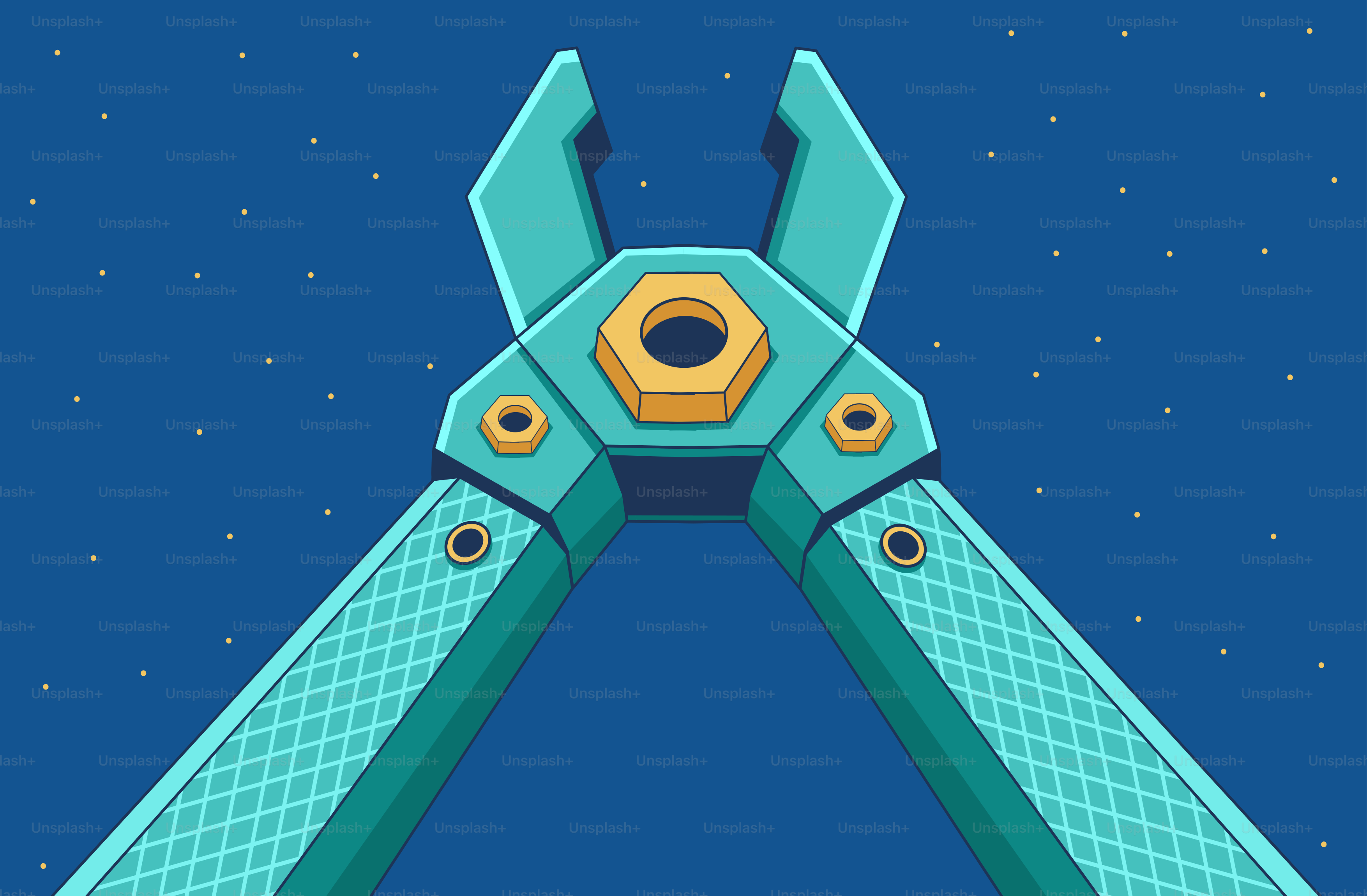 Pince turquoise avec une noix dorée sur fond bleu