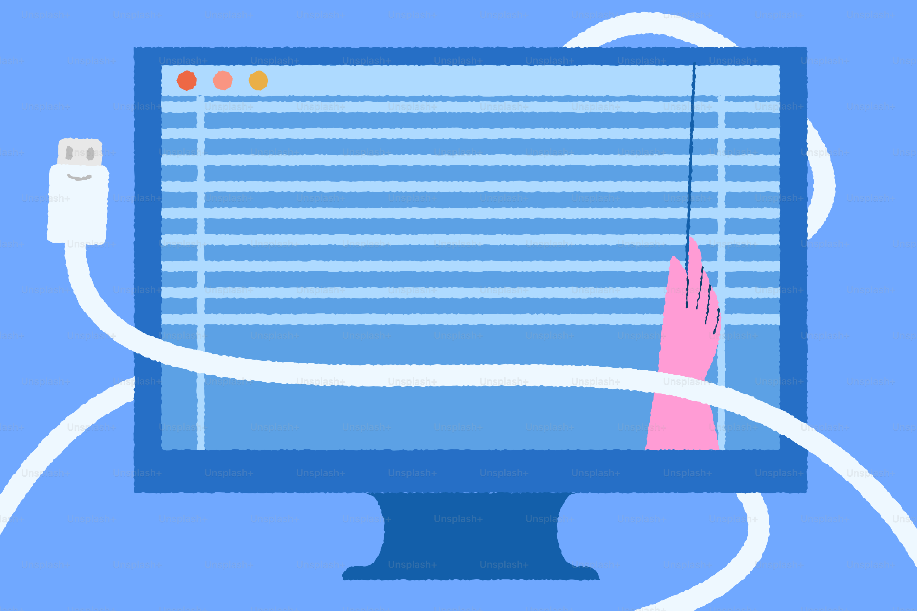 Computer screen with blinds and a hand reaching.