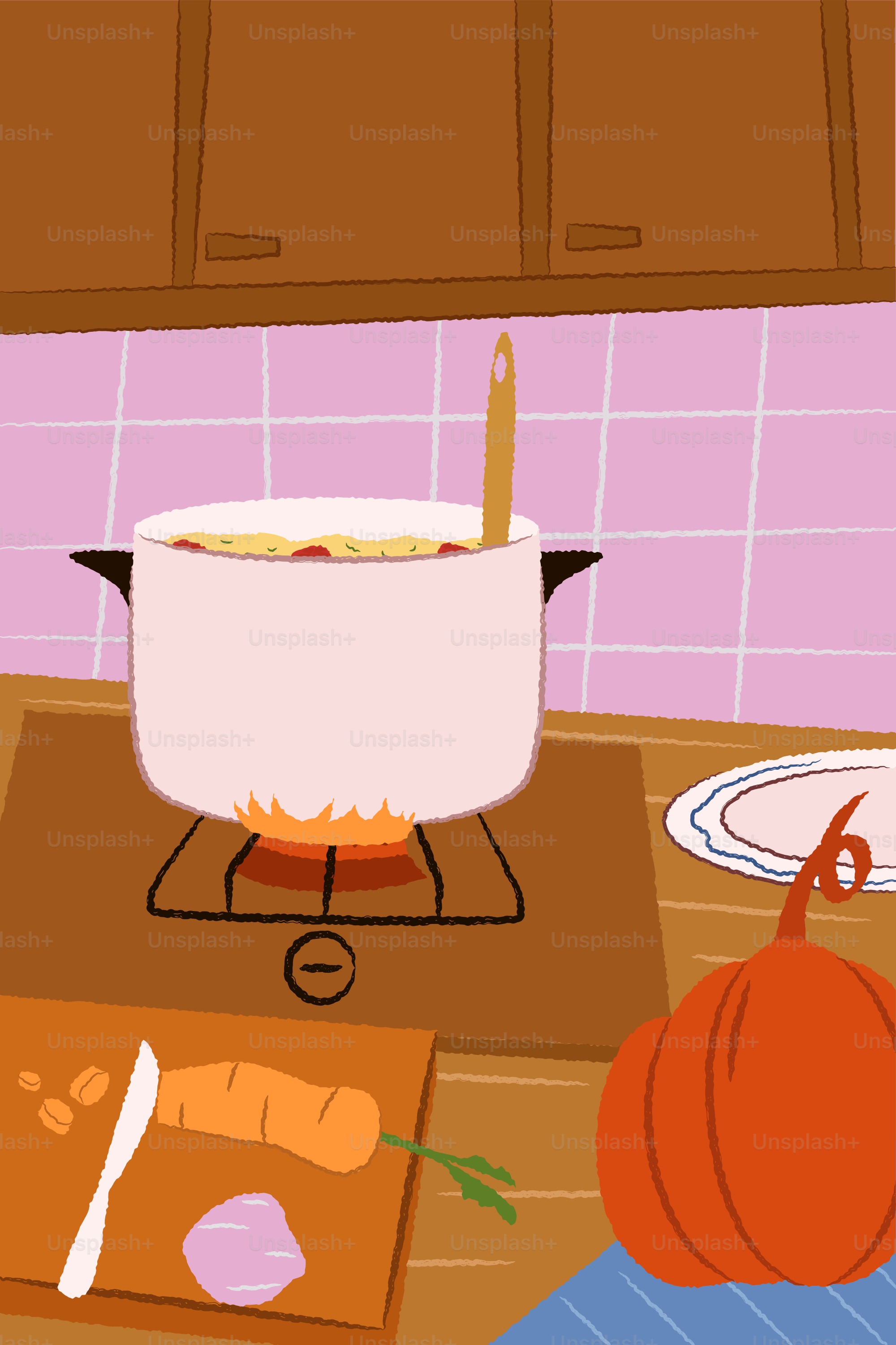 Ein Topf mit Essen köchelt auf dem Herd zusammen mit Gemüse.