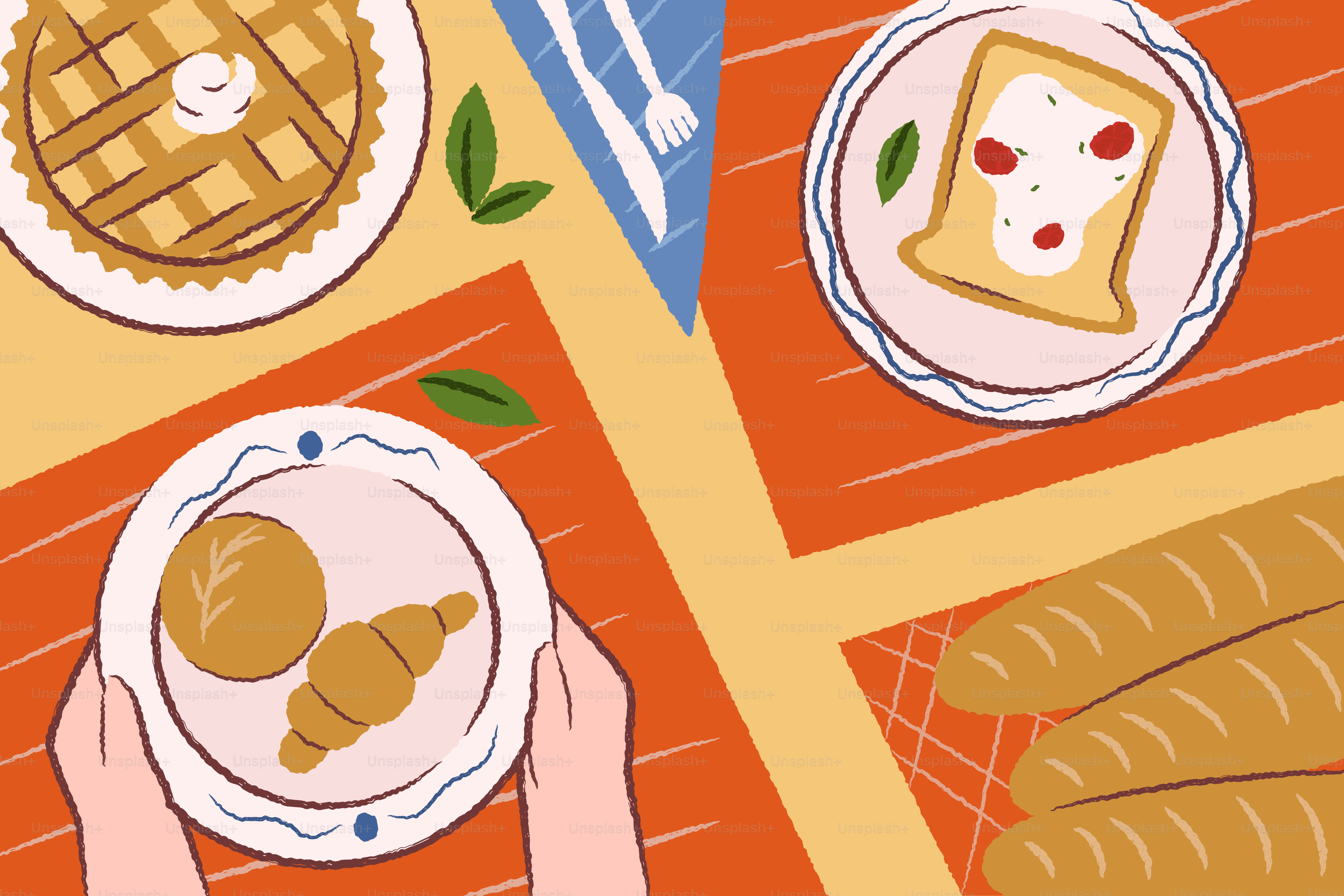 A picnic spread with pie, toast, and bread.