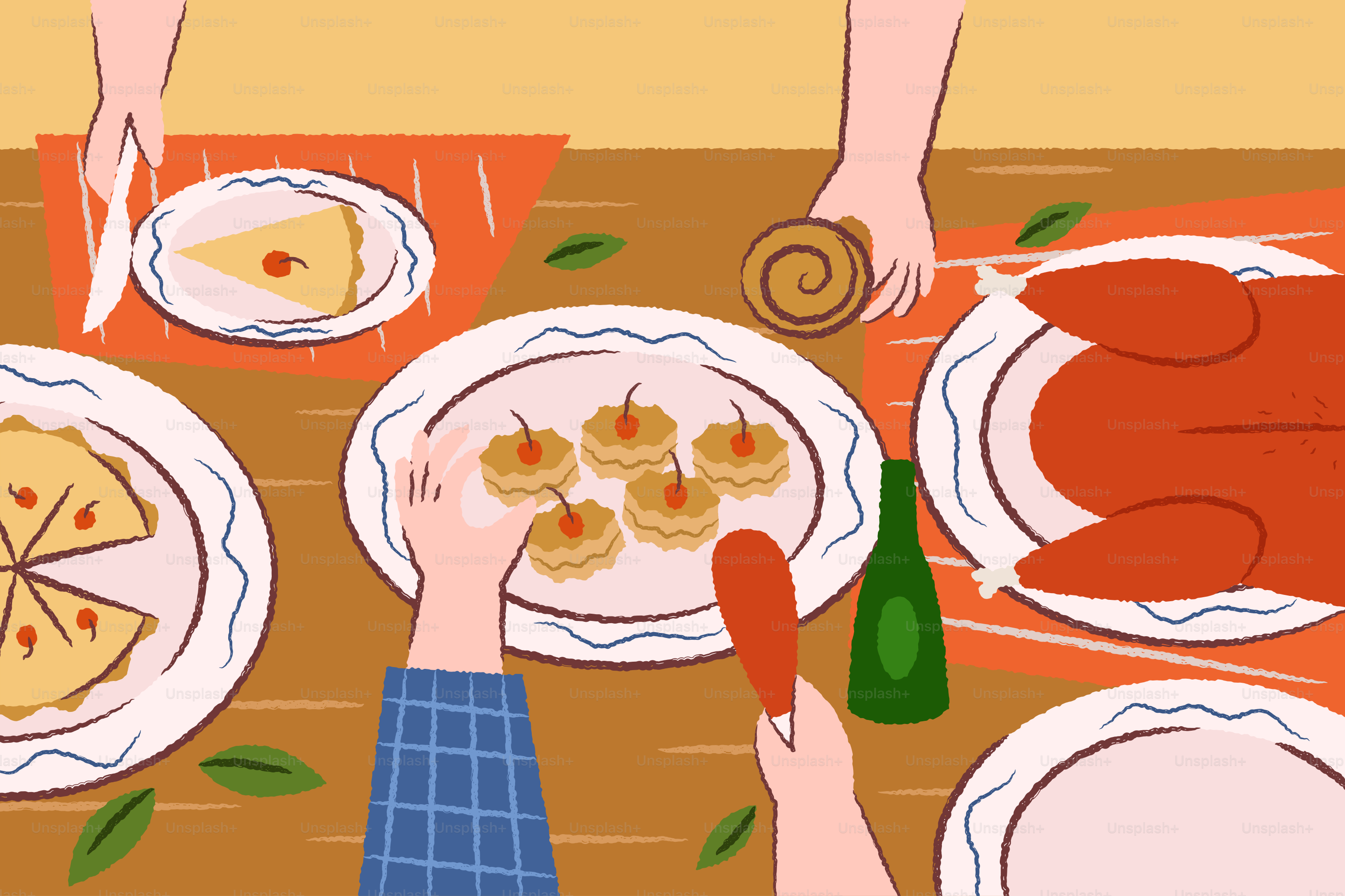 People gathering around a table laden with food.