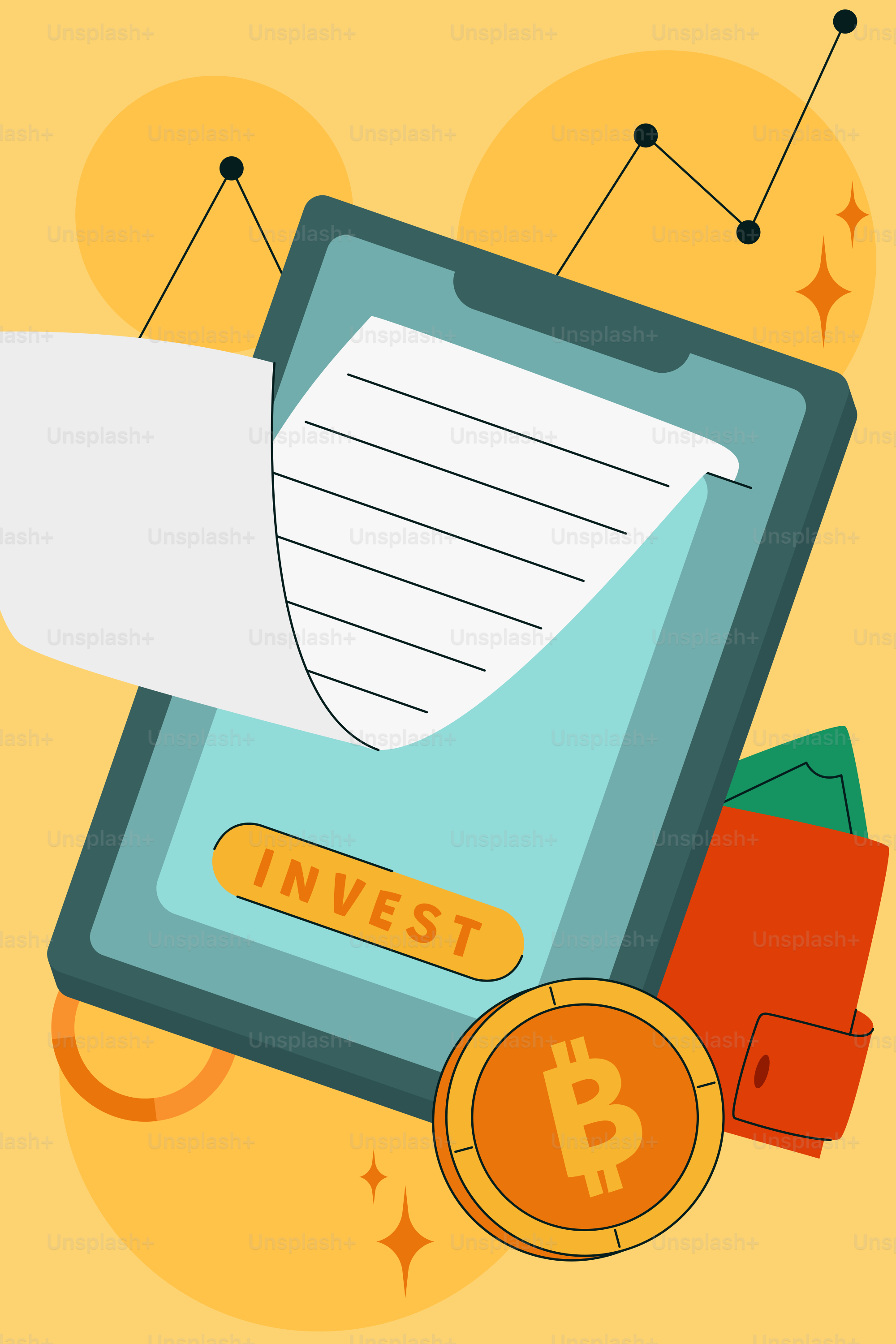 Smartphone con botón de invertir, bitcoin y cartera.