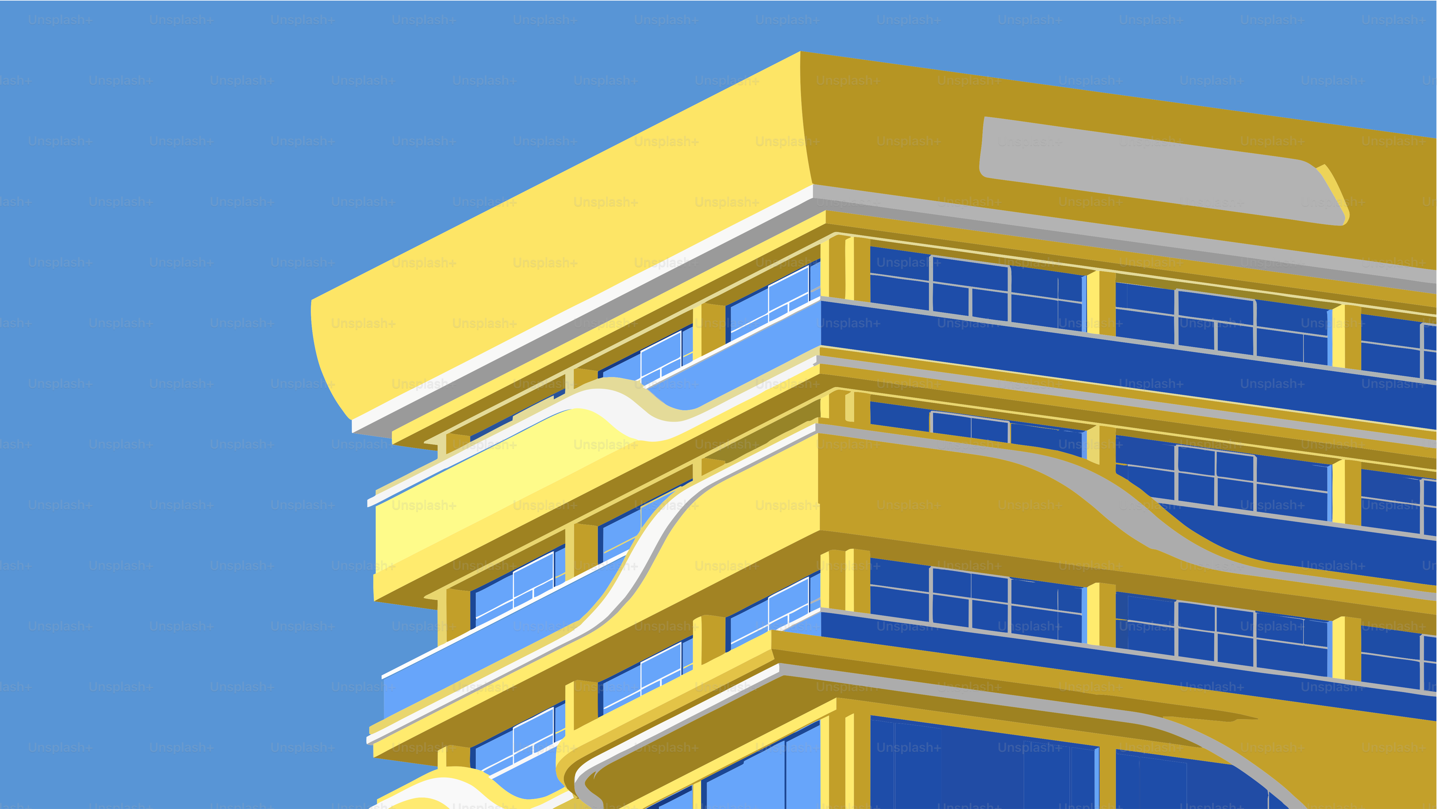 Modern yellow and blue building under a clear sky