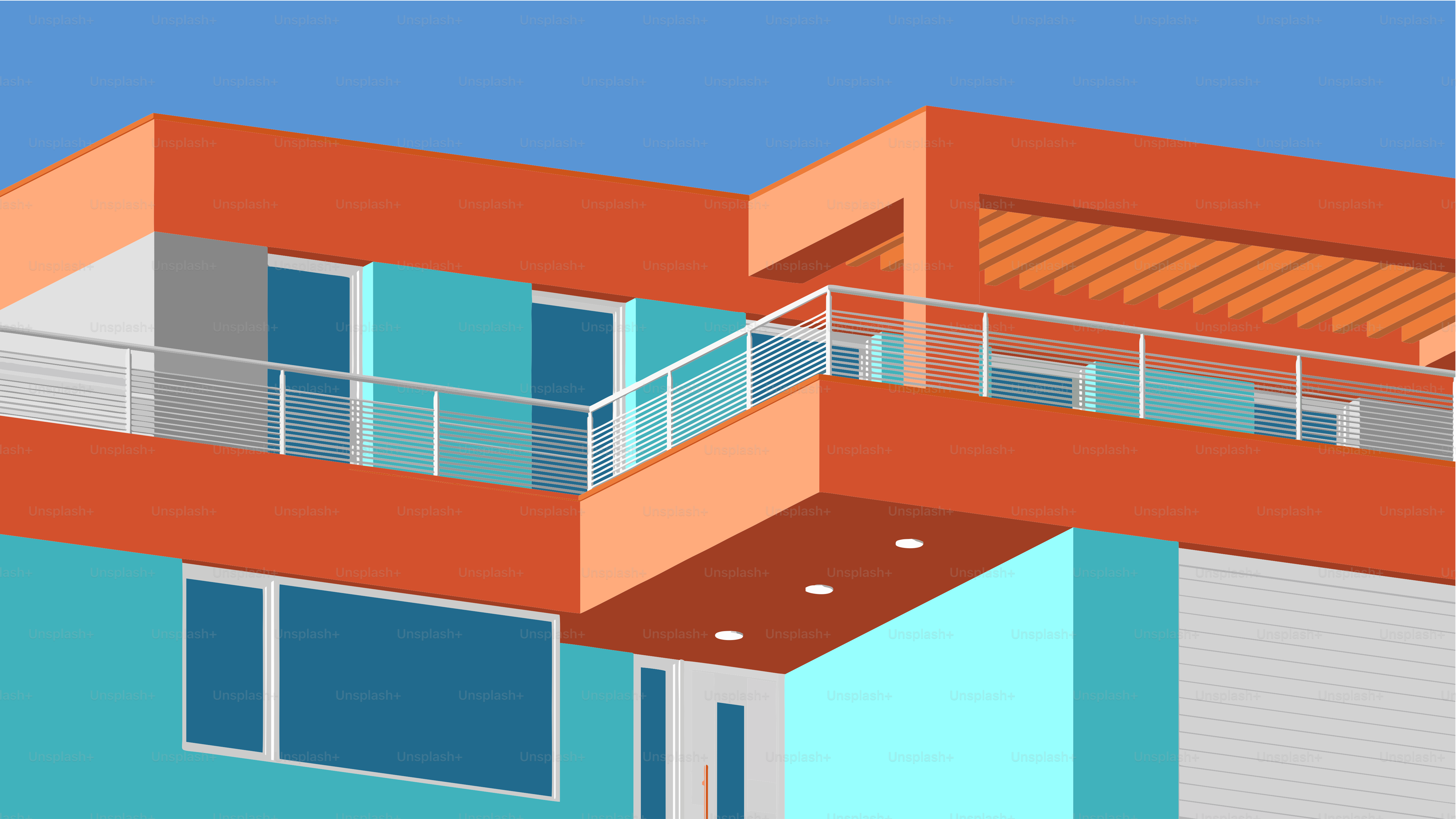 Bâtiment moderne avec des accents orange et sarcelle.