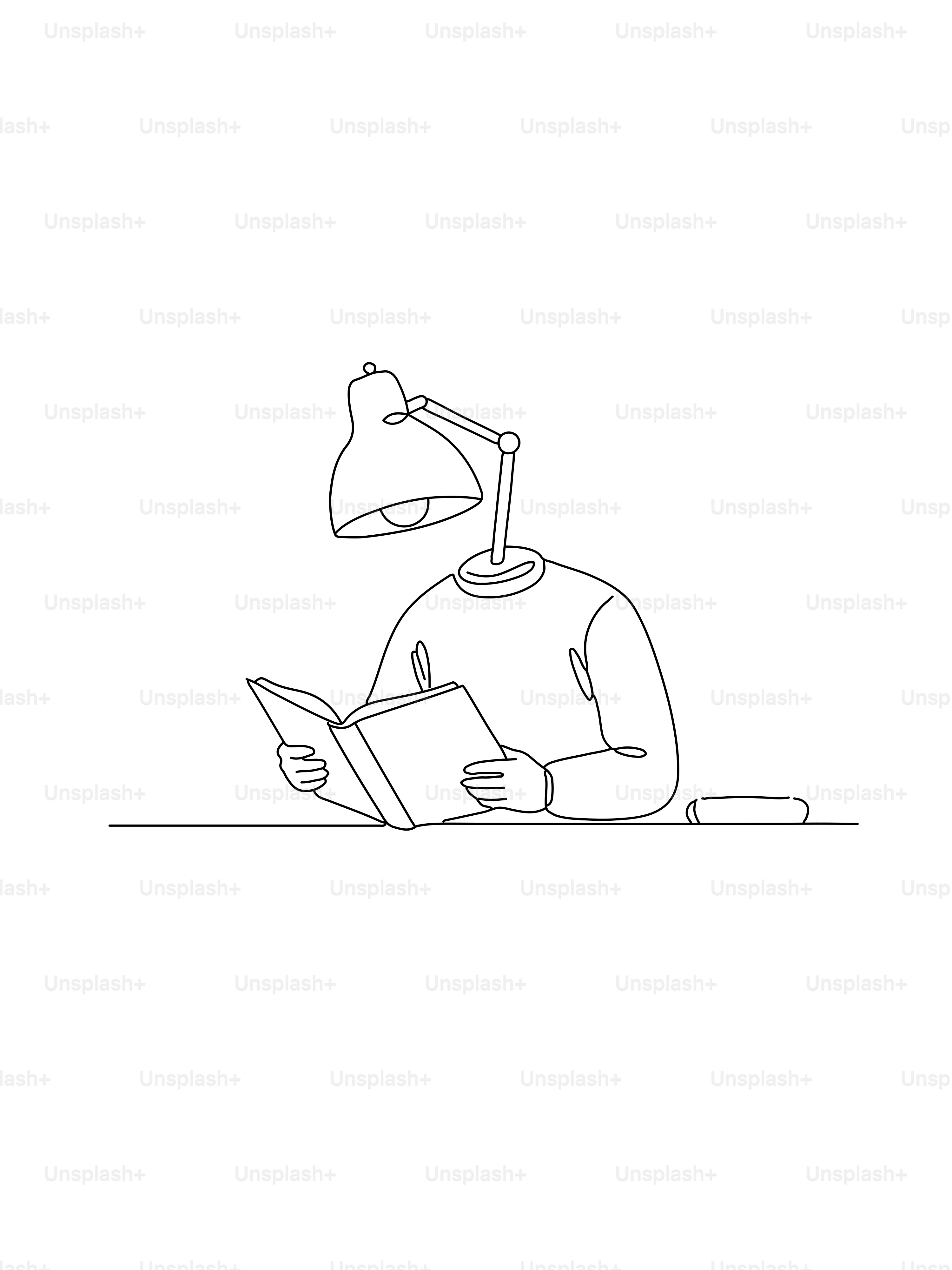 Persona con una lámpara en lugar de cabeza leyendo un libro