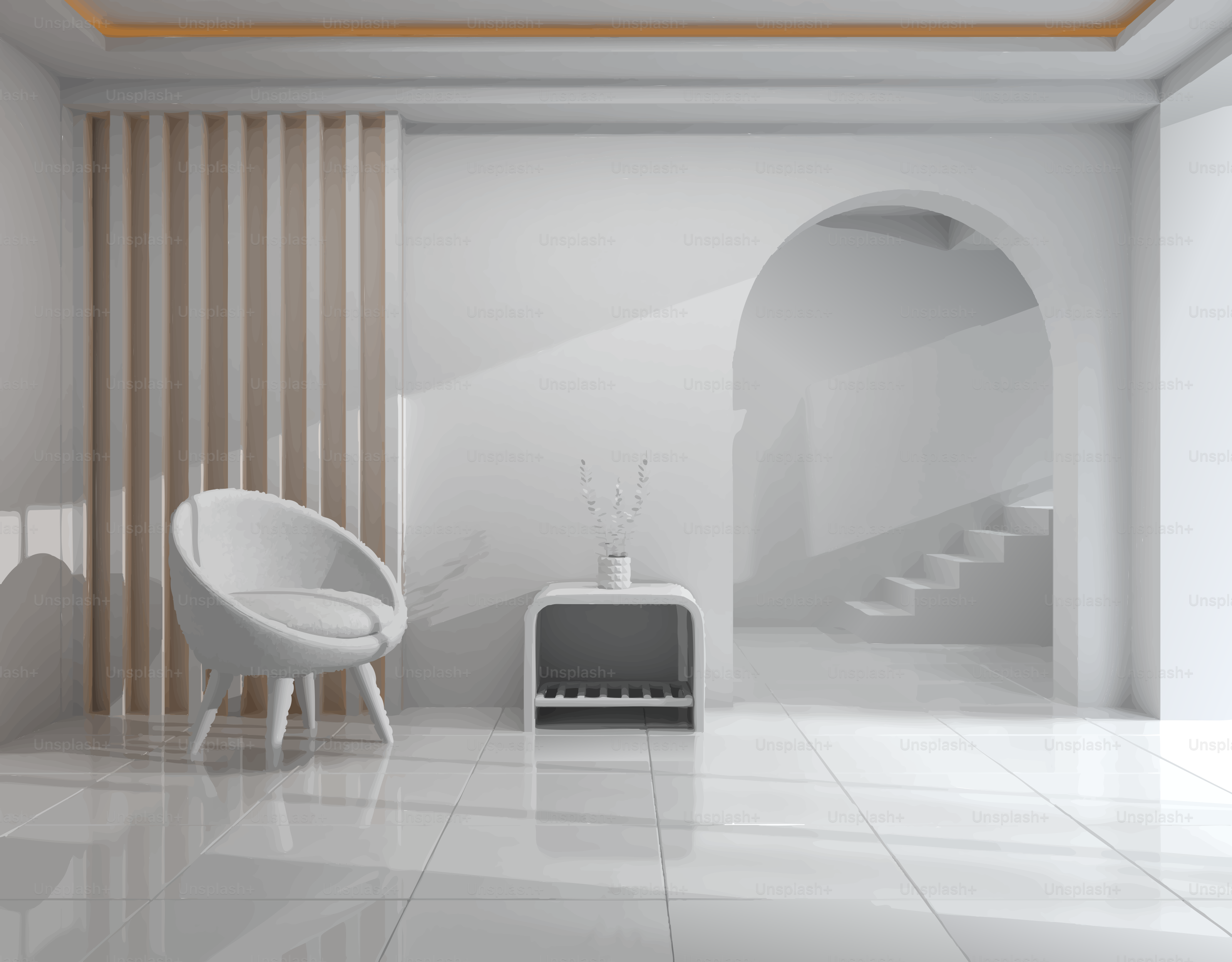 Modern minimalist interior with white chair and arched doorway.