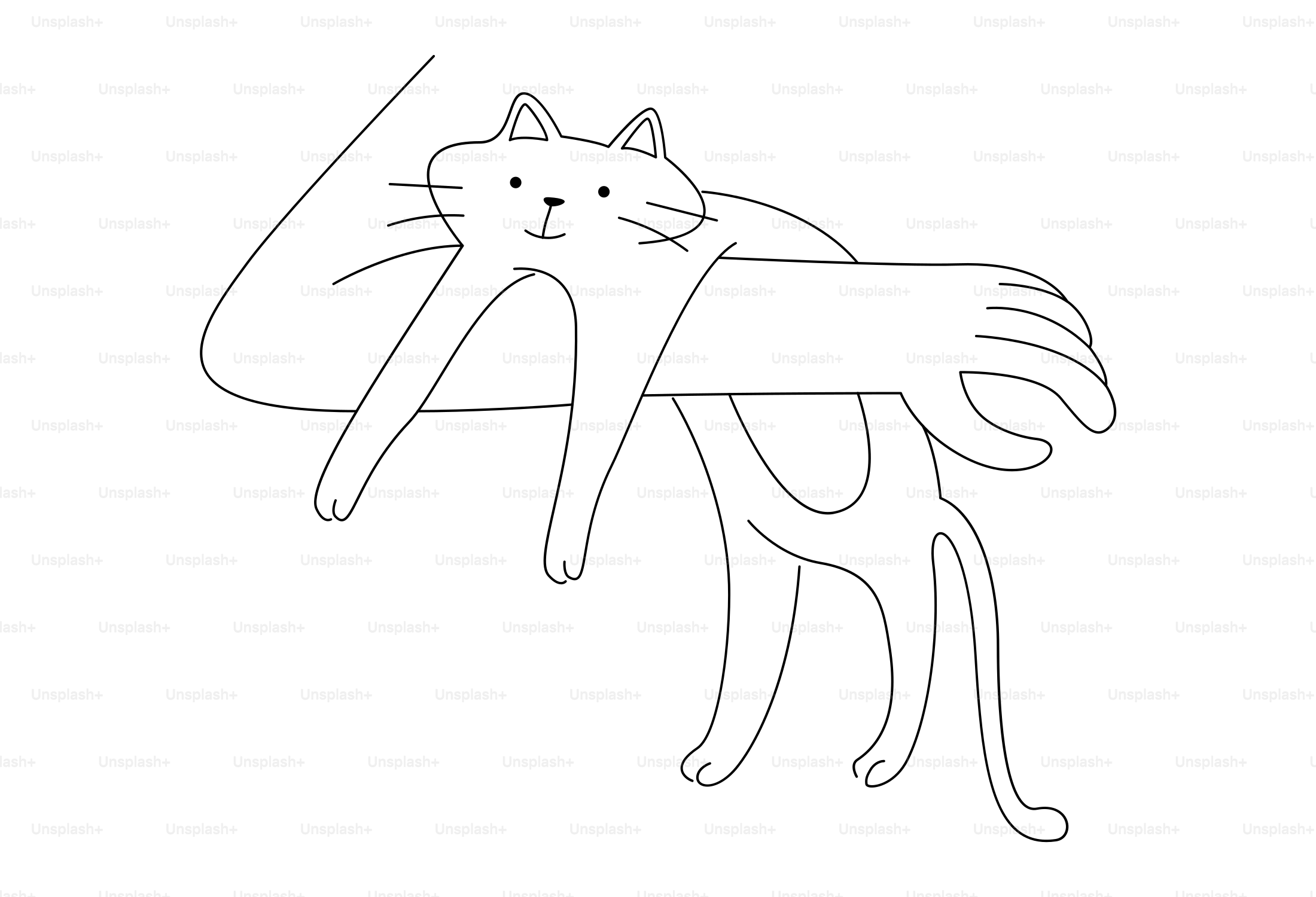 Dessin au trait d’un chat tenu par une personne.