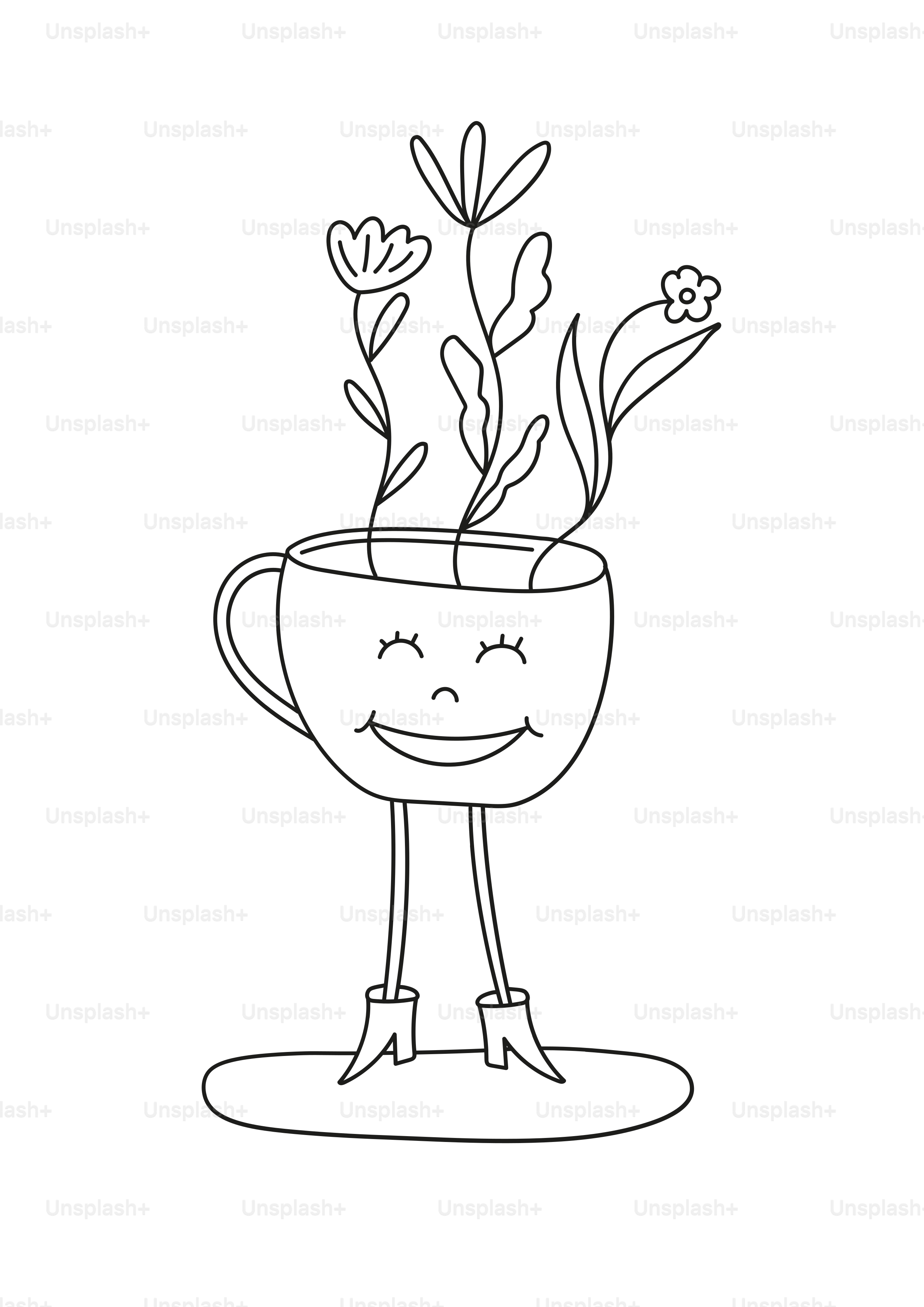 A smiling cup with flowers and legs wearing boots