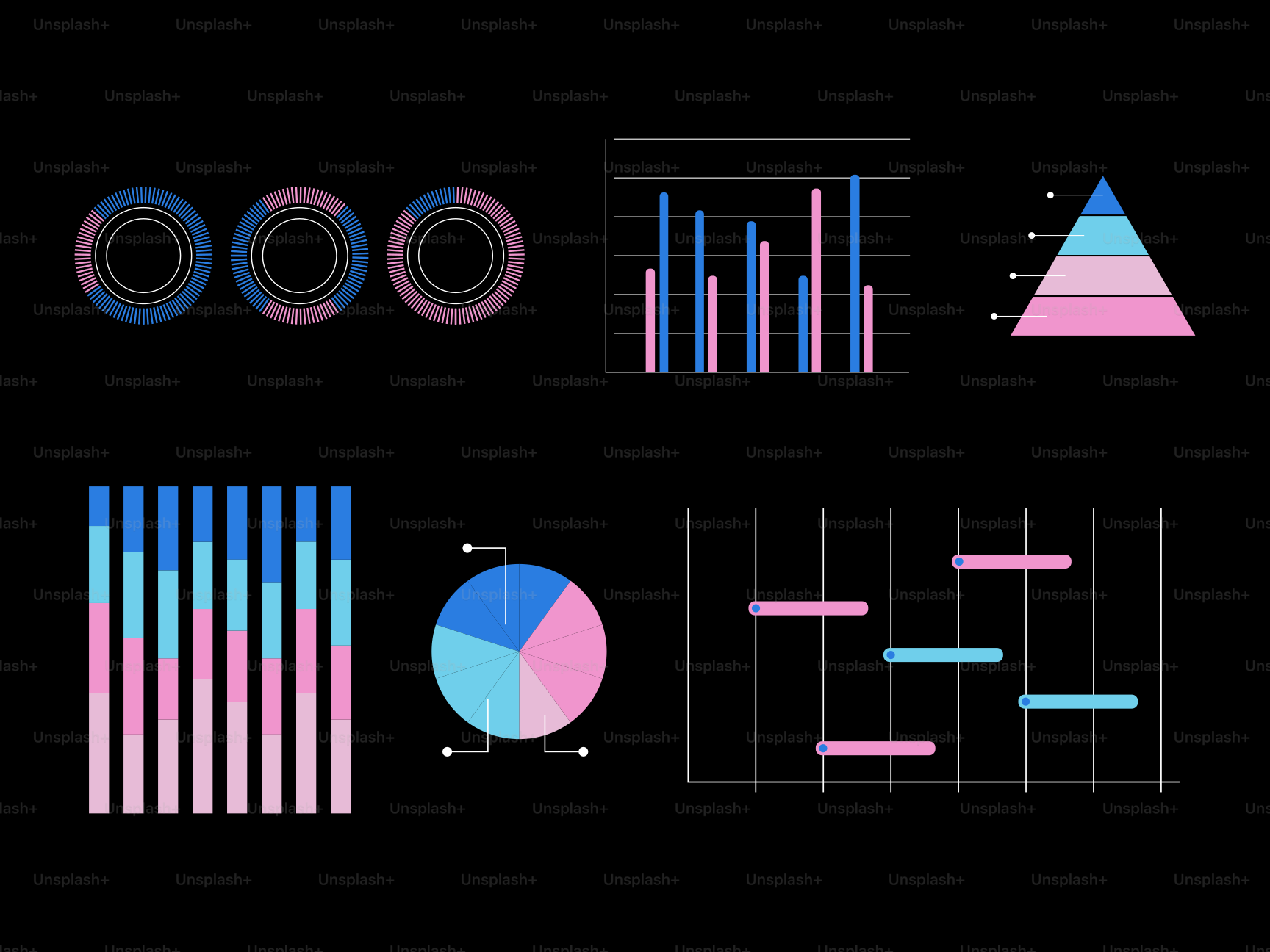 Various colorful charts and graphs on black background.