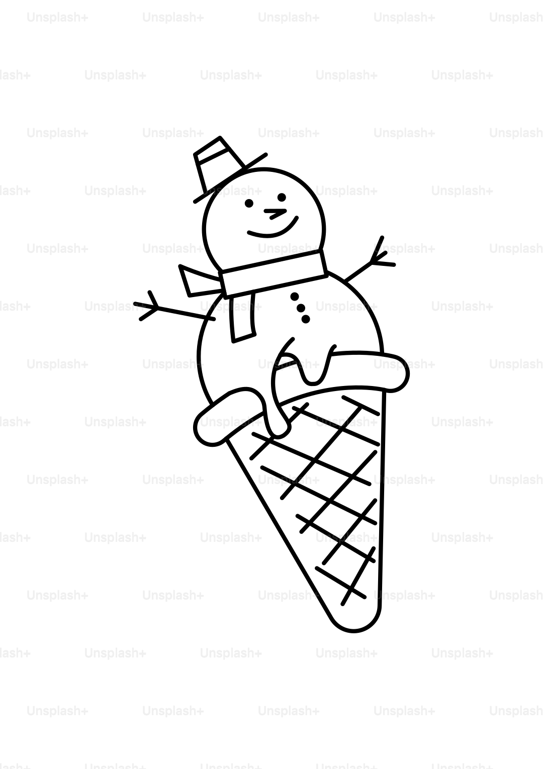 Melting snowman ice cream cone with hat and scarf