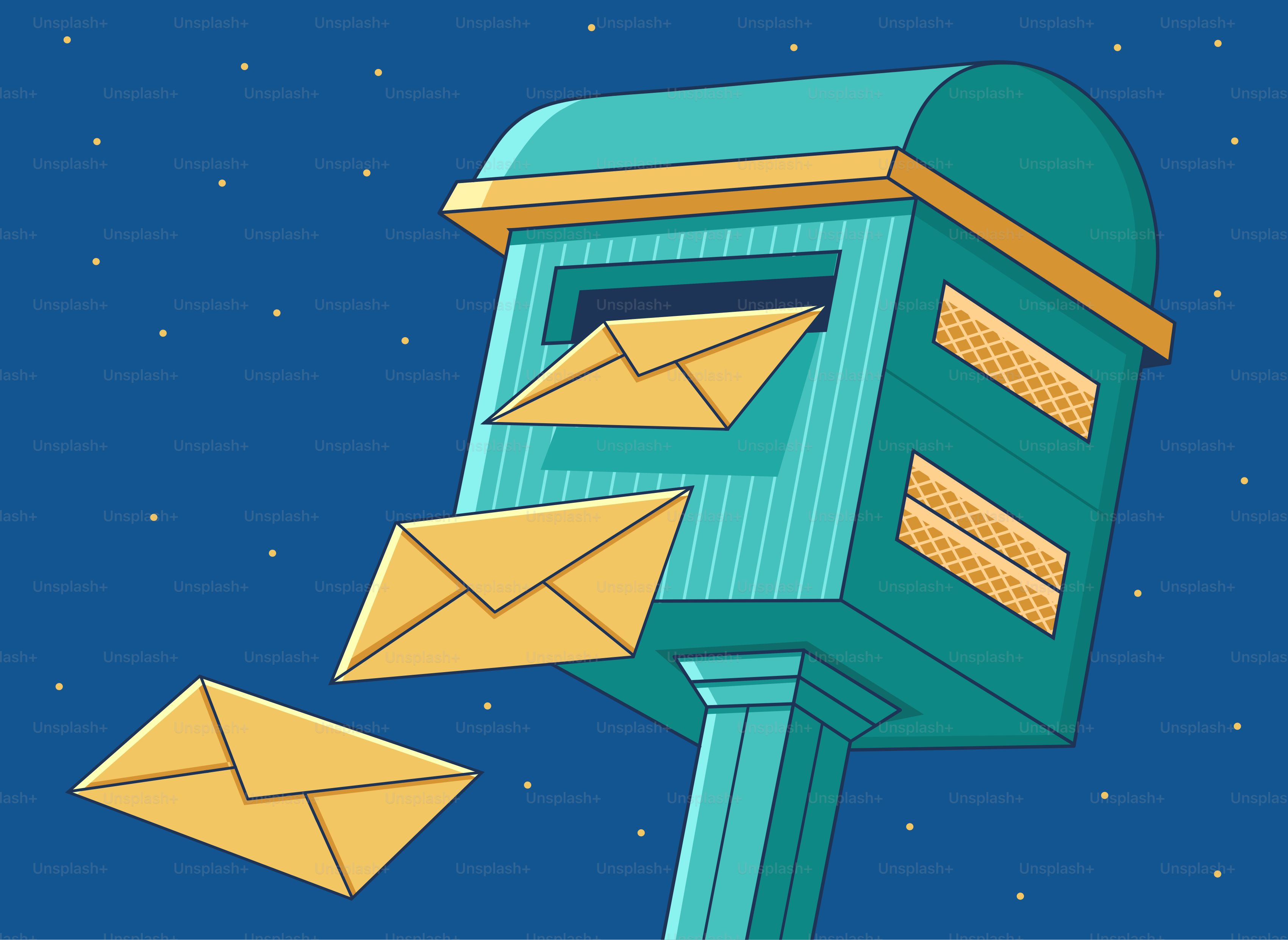 Envelopes being delivered to a teal mailbox at night.