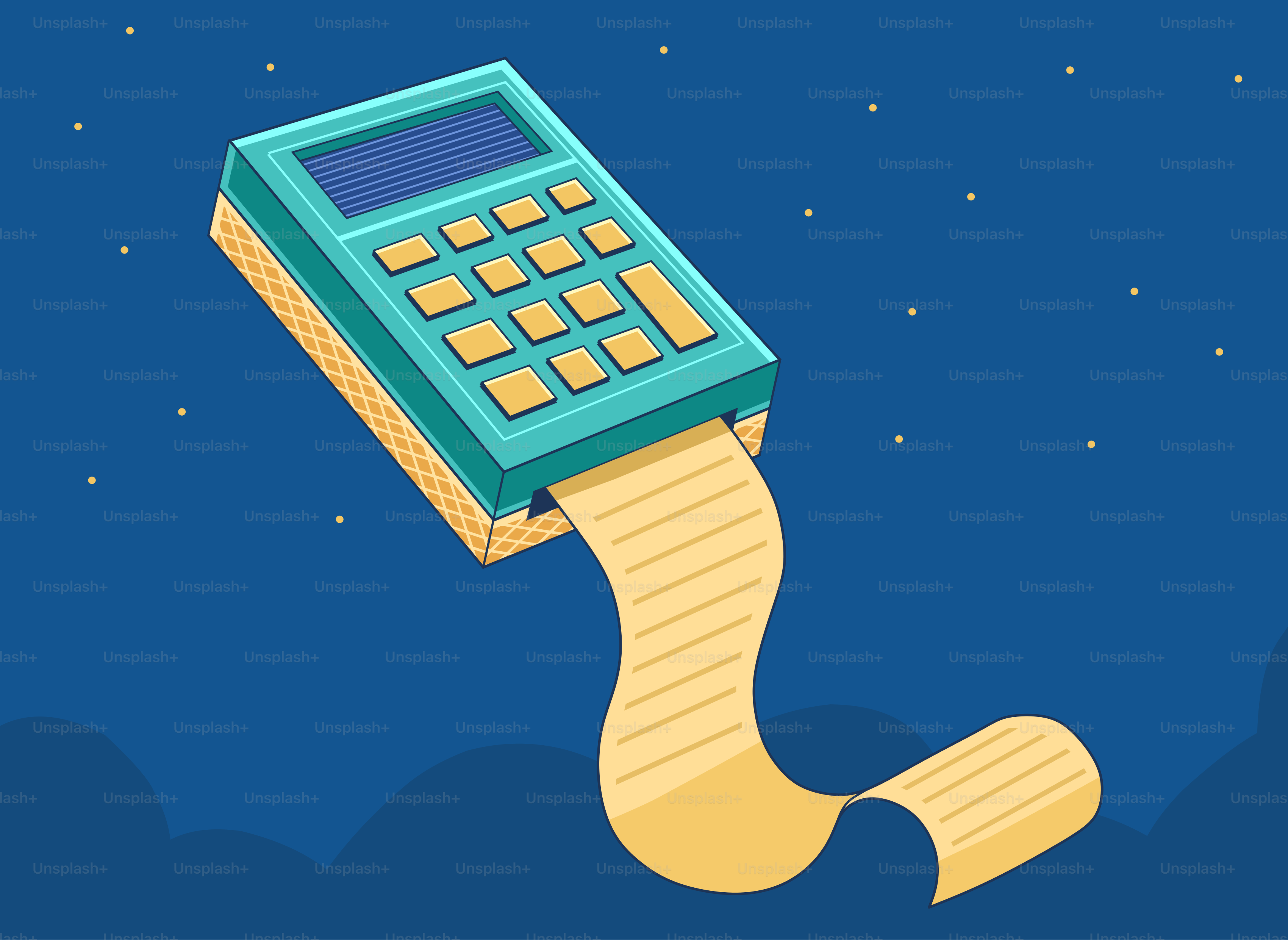 Calculator printing a long receipt against starry sky