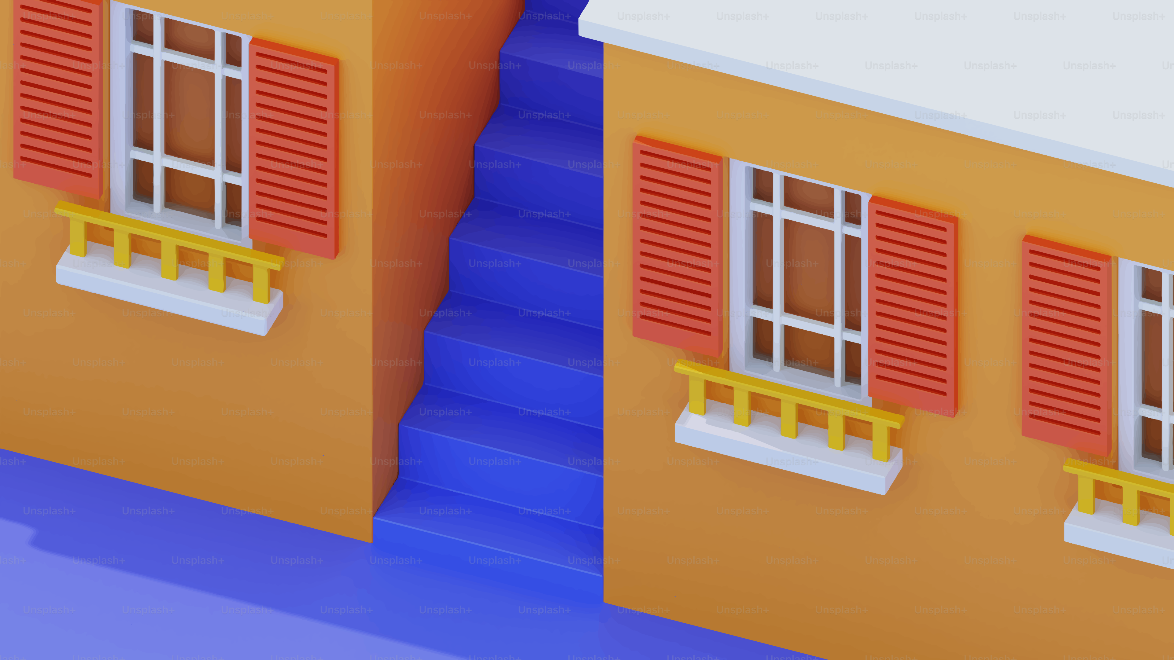 Edifici arancioni con persiane rosse e scale blu