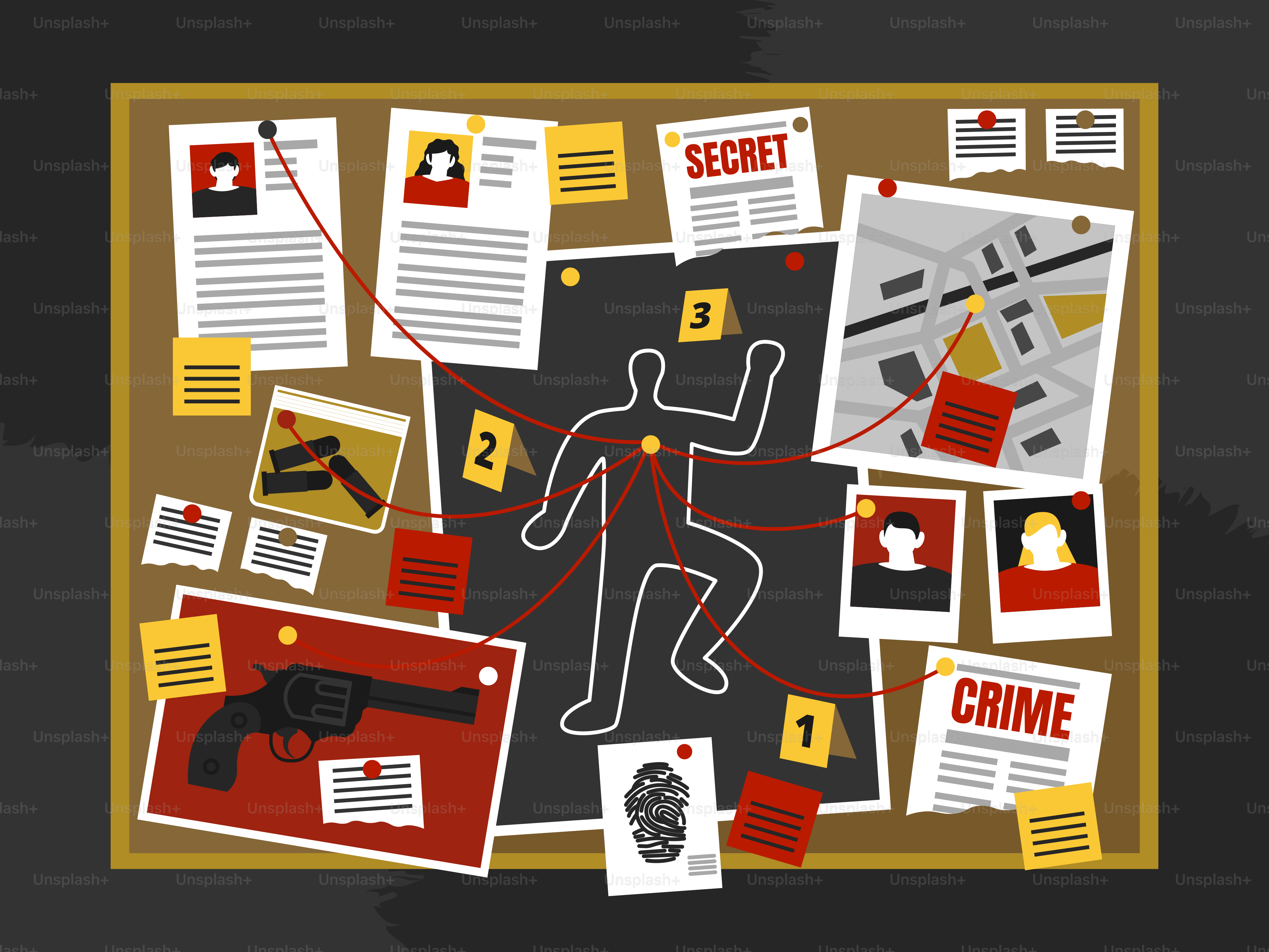 Crime investigation board with evidence and map.