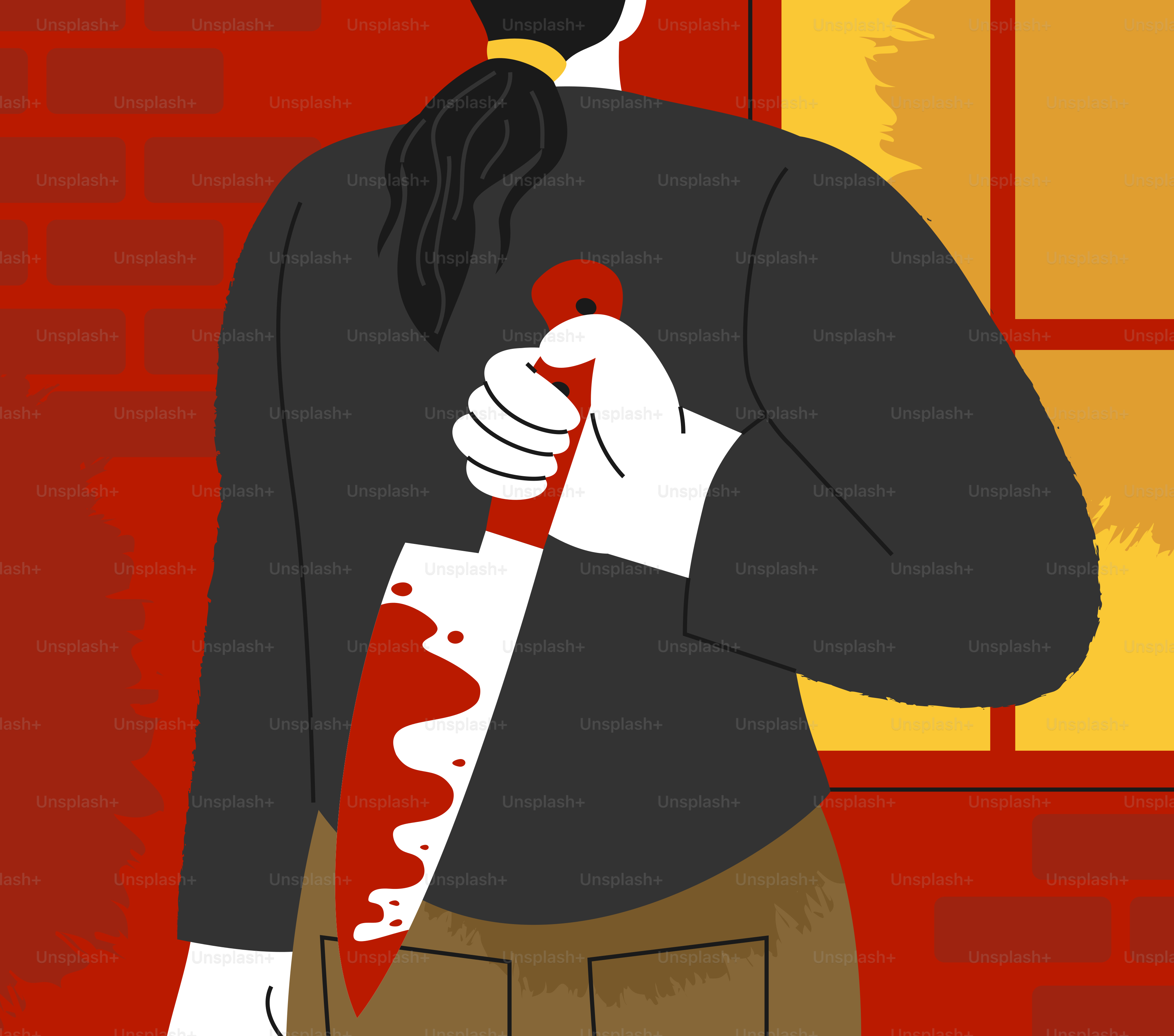 Person, die blutiges Messer hinter dem Rücken versteckt